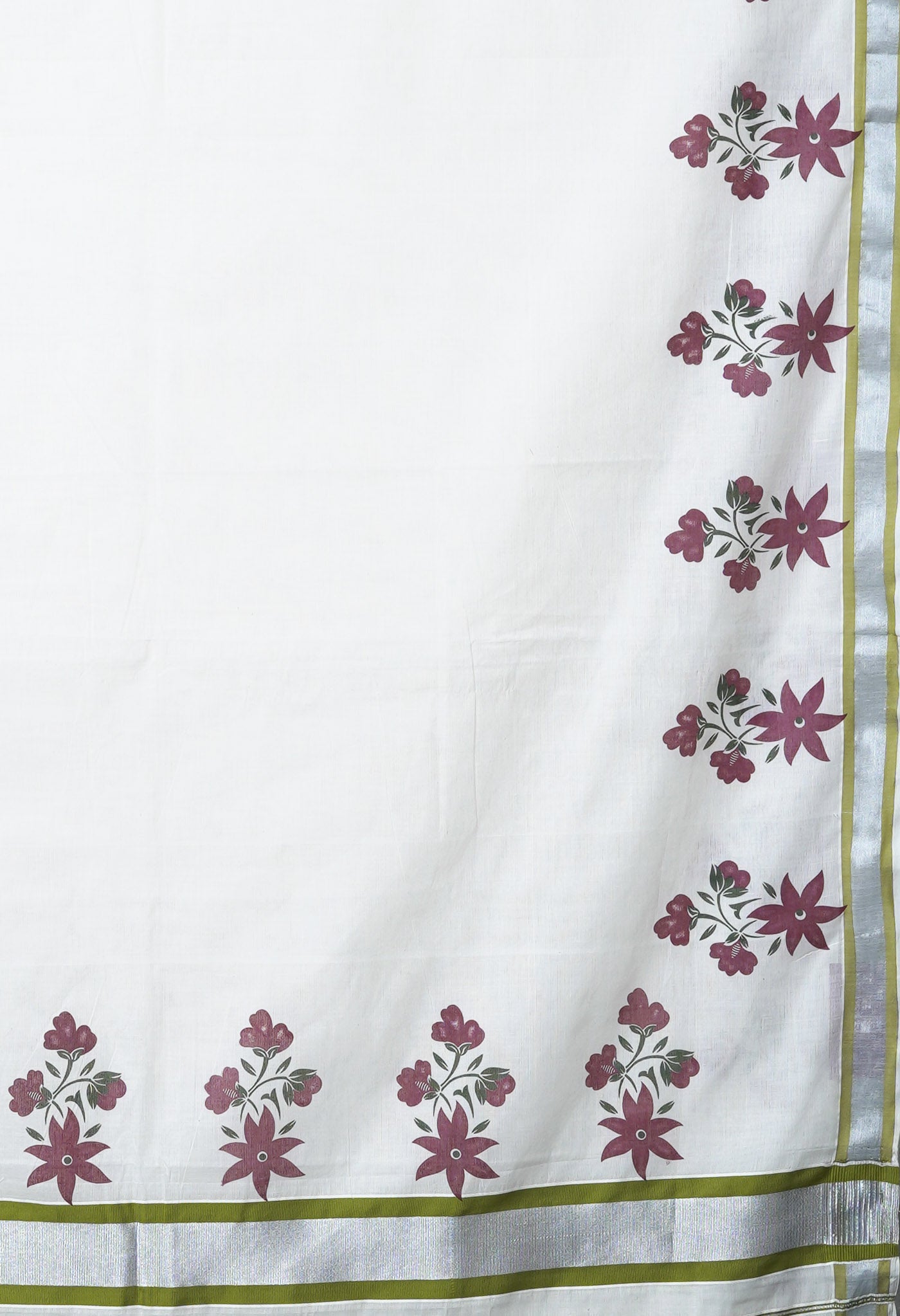 Ivory-Mehendi Green Pure Digital Block Printed Kerala Kasavu Cotton Saree-UNM82362