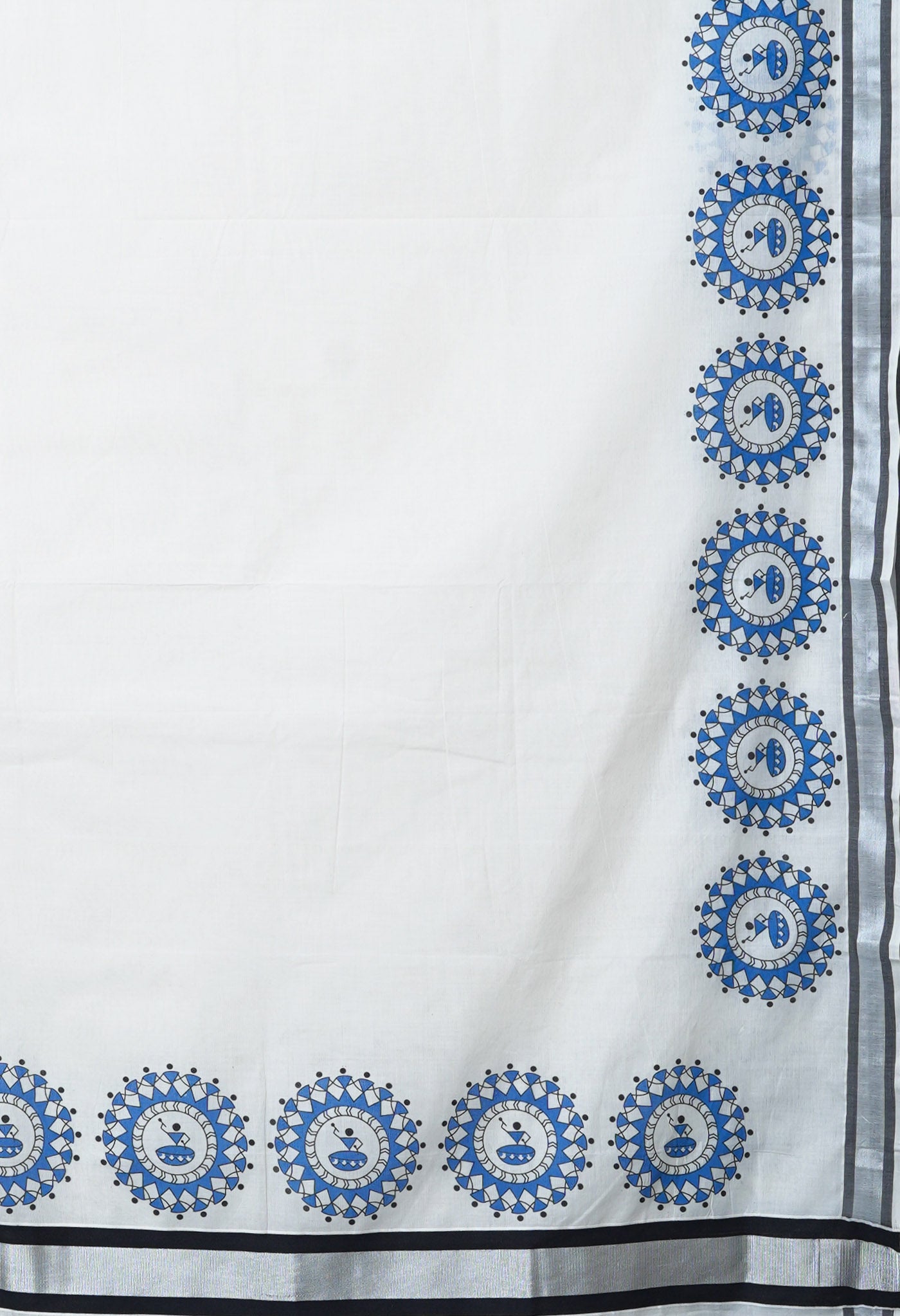Ivory-Black Pure Digital Block Printed Kerala Kasavu Cotton Saree-UNM82363