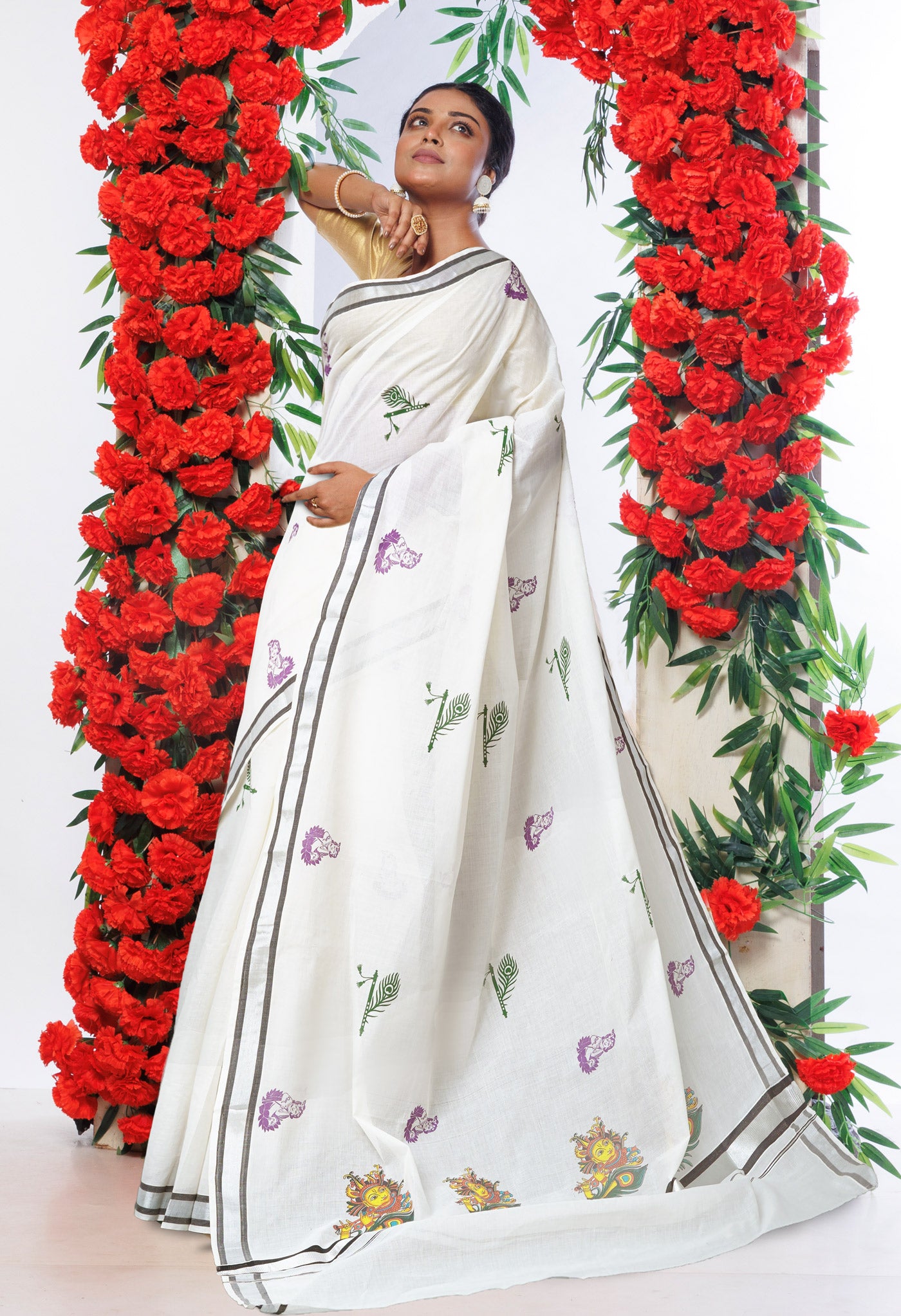 Ivory-Dark Green Pure Digital Block Printed Kerala Kasavu Cotton Saree-UNM82364
