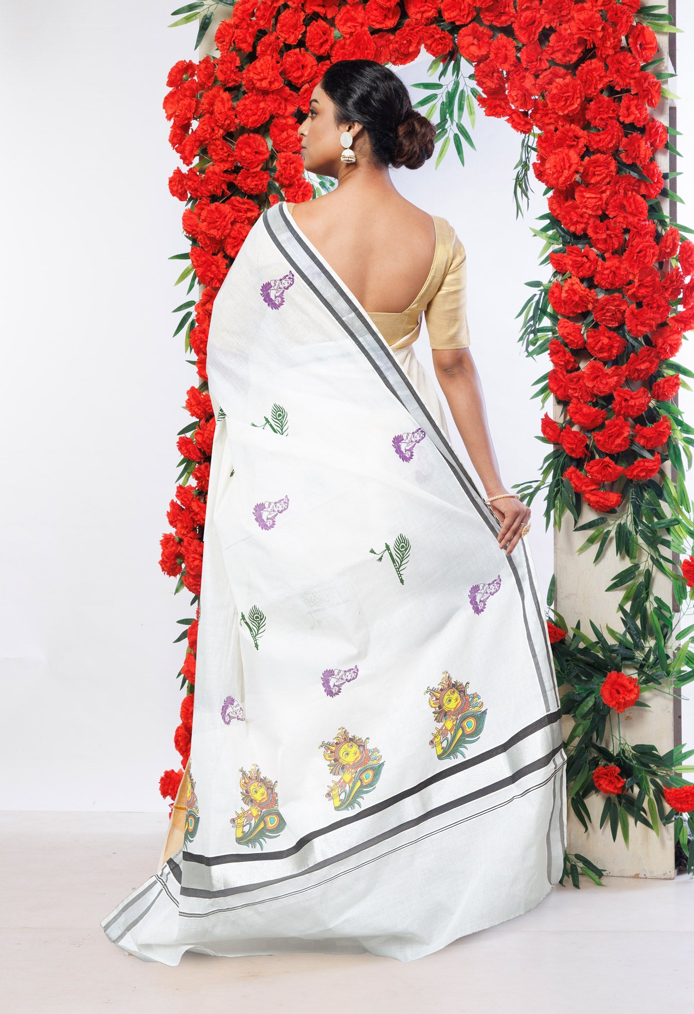 Ivory-Dark Green Pure Digital Block Printed Kerala Kasavu Cotton Saree-UNM82364