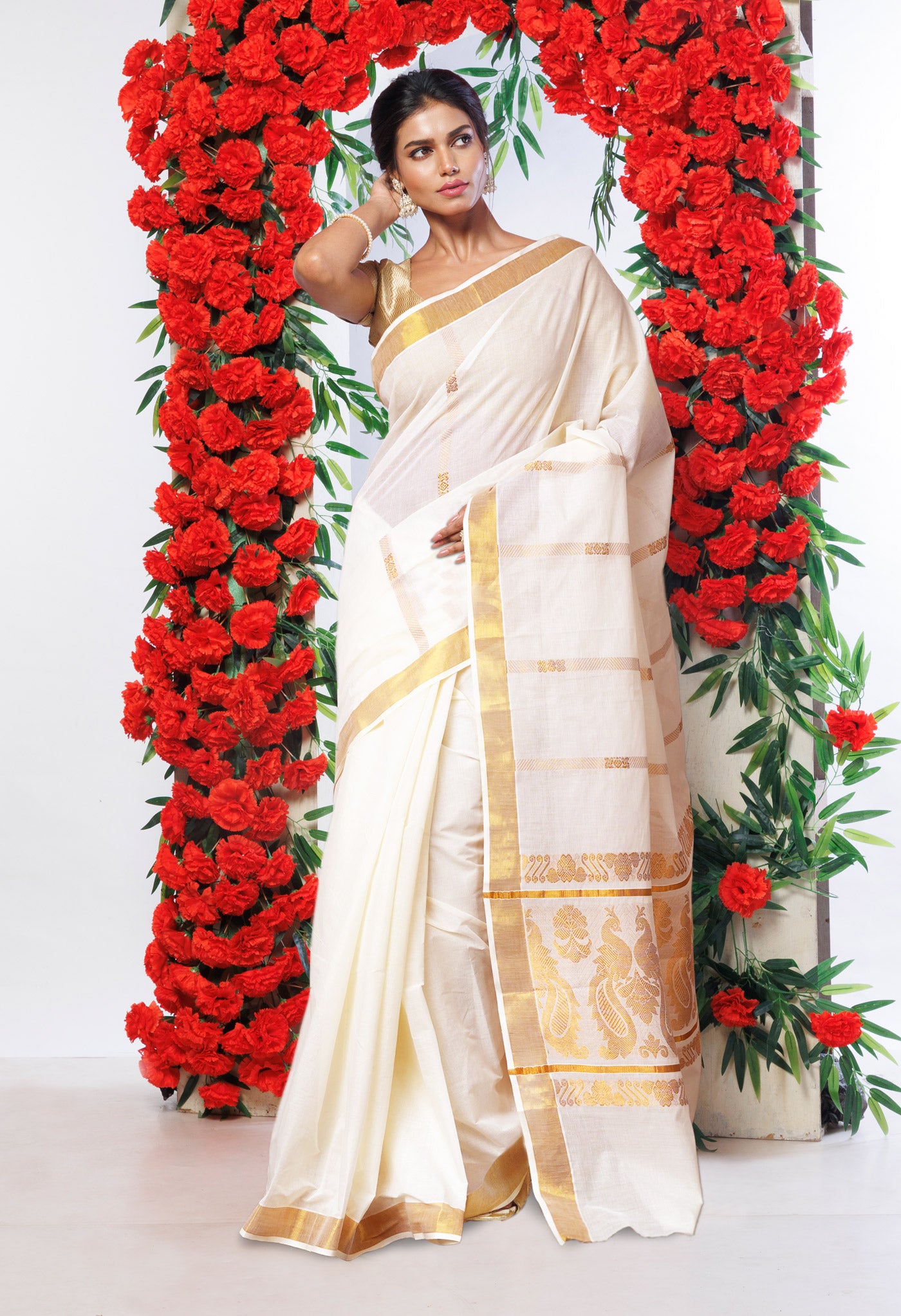 Ivory Pure Kerala Kasavu Cotton Saree-UNM82369