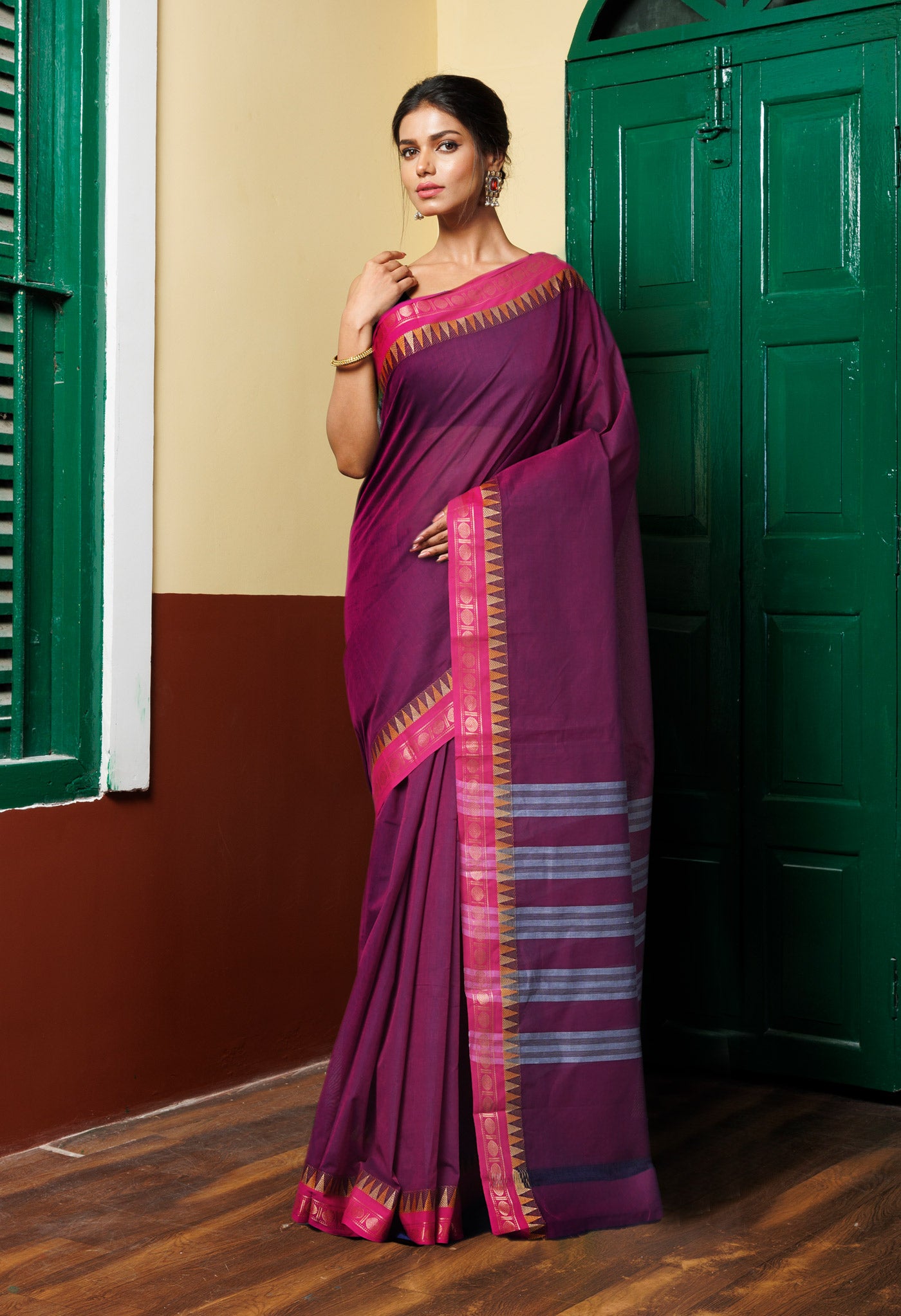 Dark Purple Pure Pavani Handcrafted Kanchi Cotton Saree-UNM82413
