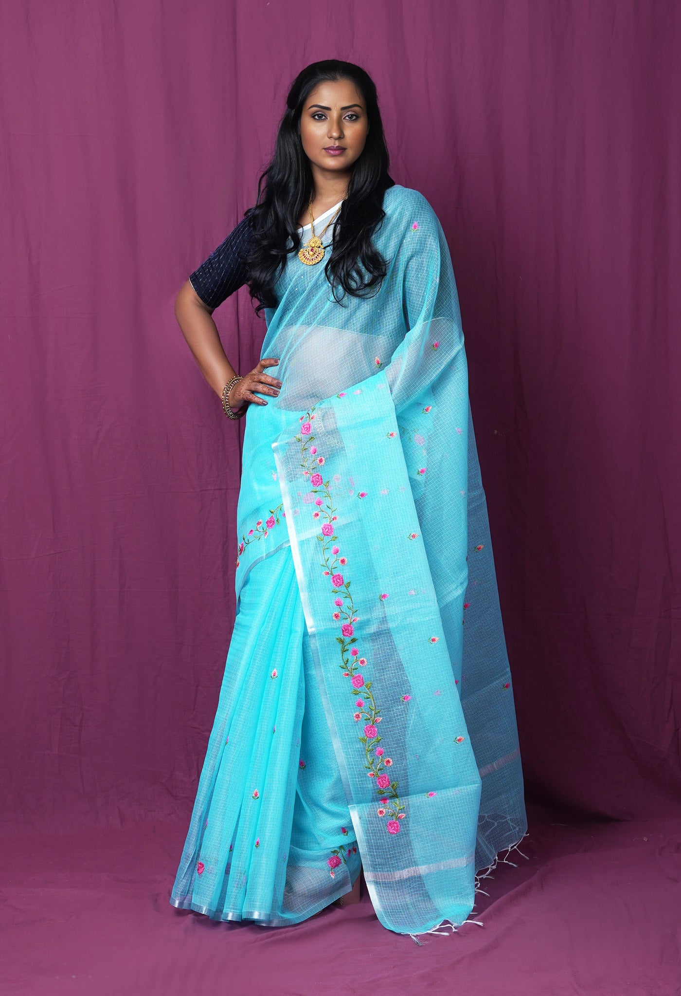 Blue Pure Emboridery Kota Saree-UNM82500