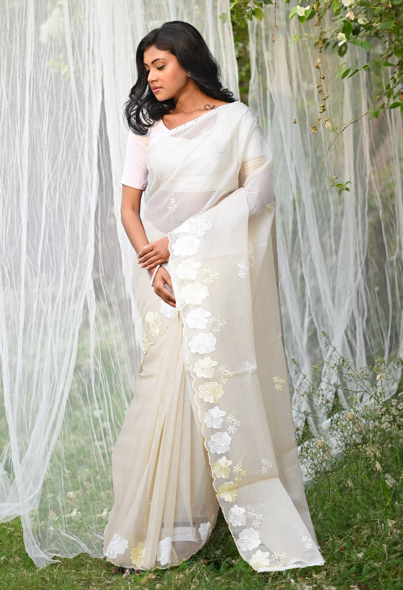 Cream Pure Emboridery Kota Saree-UNM82535