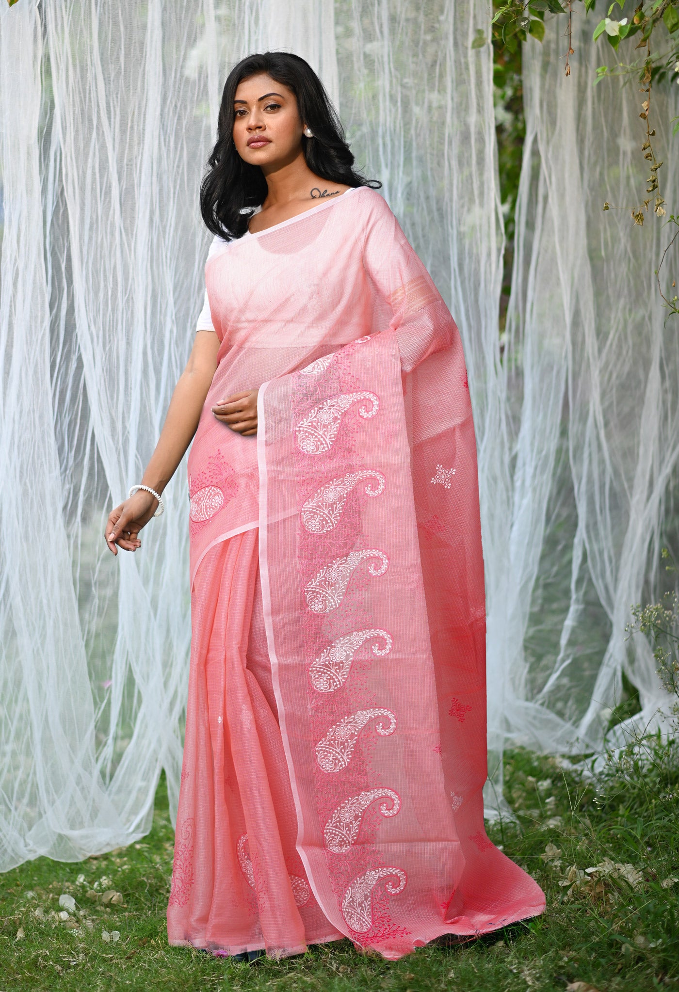 Peach Pink Pure Emboridery Kota Saree-UNM82545
