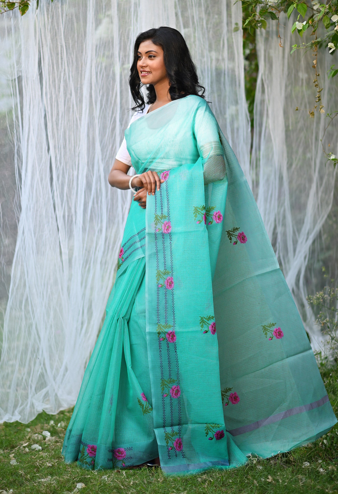 Turquoise Green Pure Emboridery Kota Saree-UNM82555