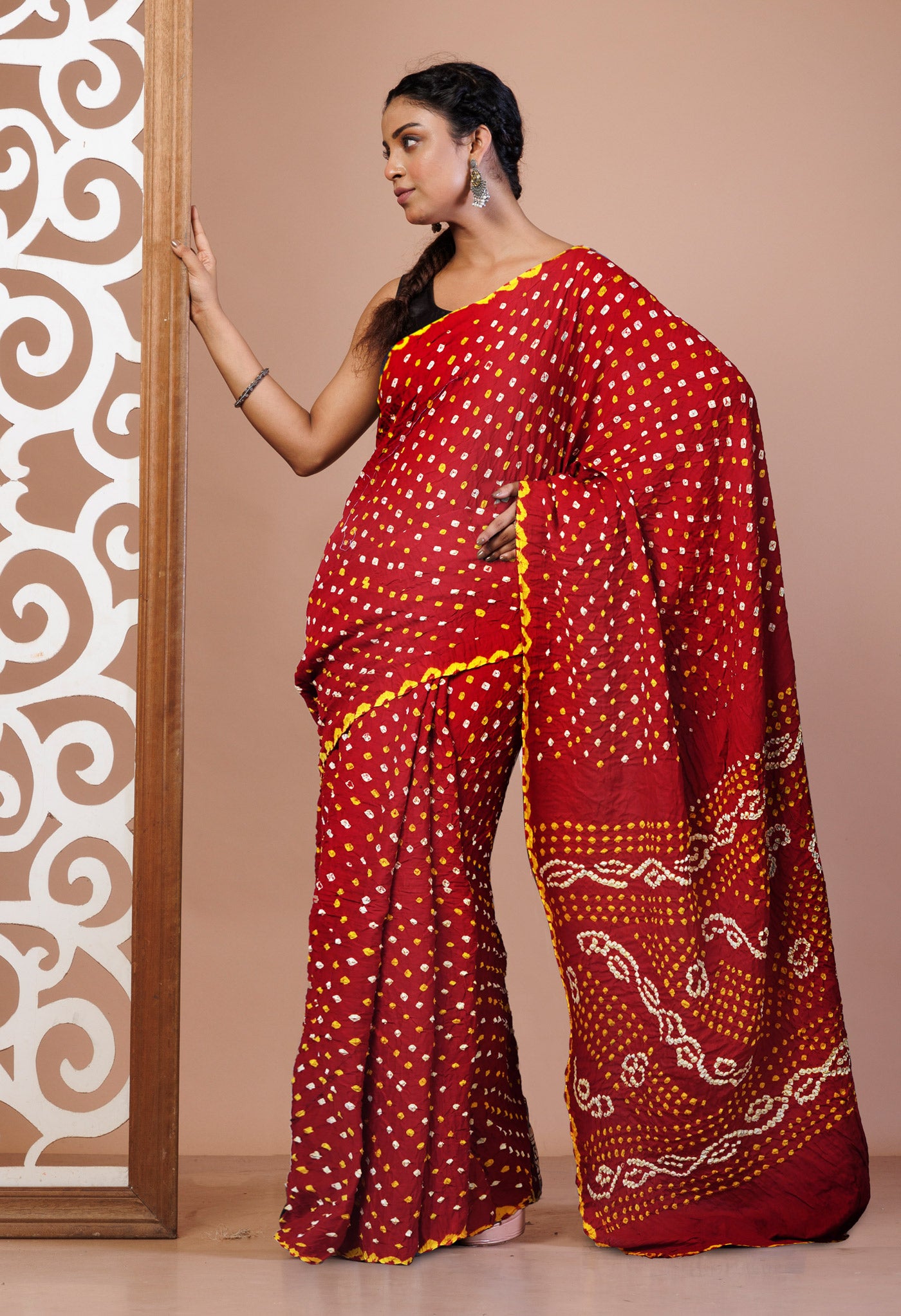 Cherry Red Pure Bandhani Mulmul Cotton Saree-UNM82596
