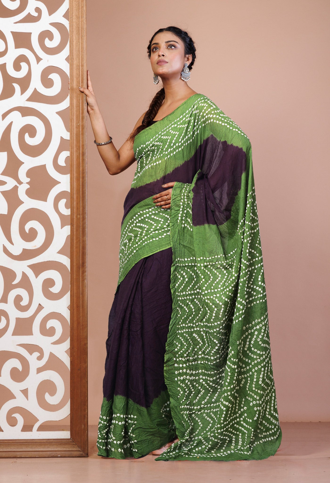 Dark Brown Pure Bandhani Mulmul Cotton Saree-UNM82612