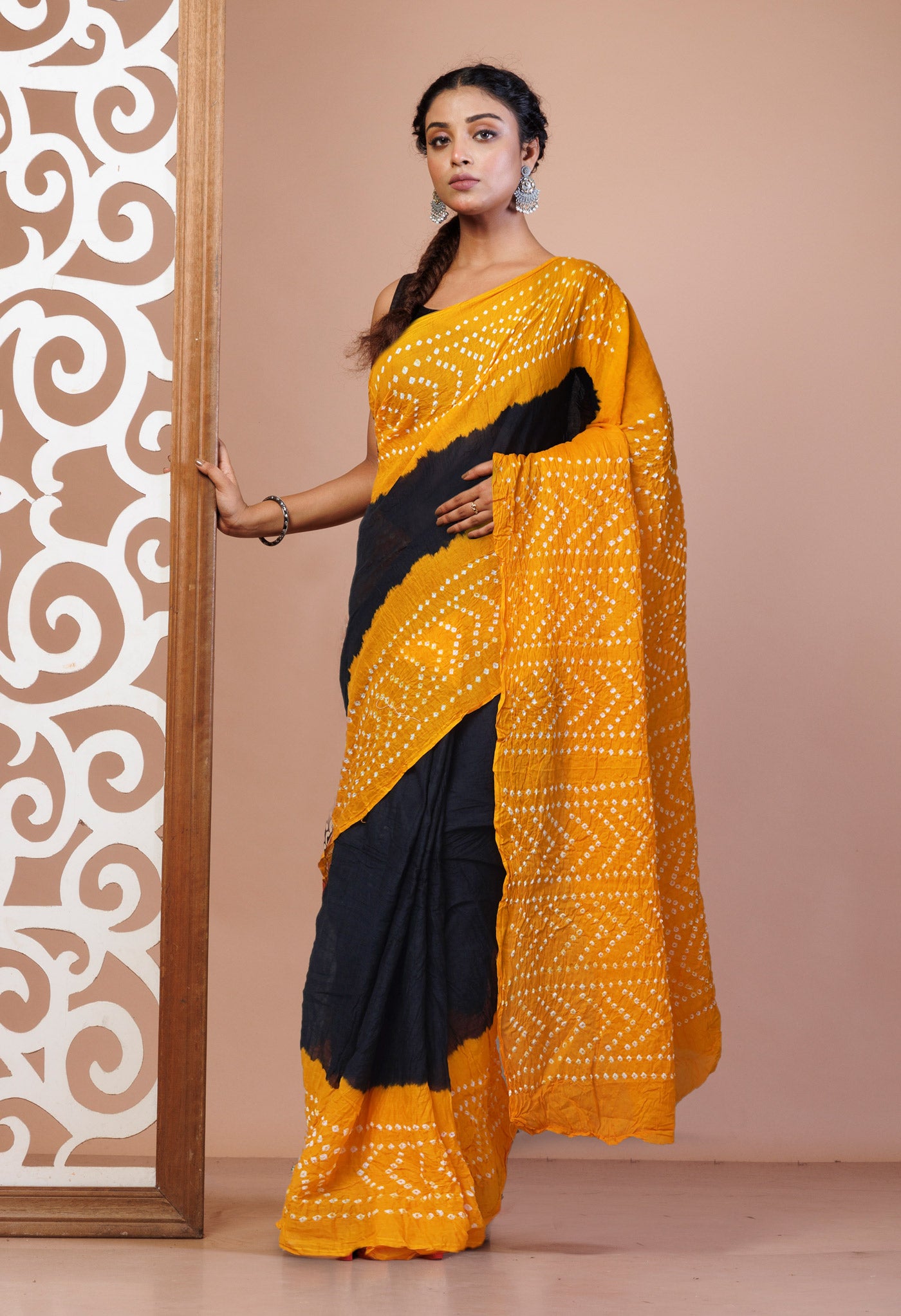 Black Pure Bandhani Mulmul Cotton Saree-UNM82616