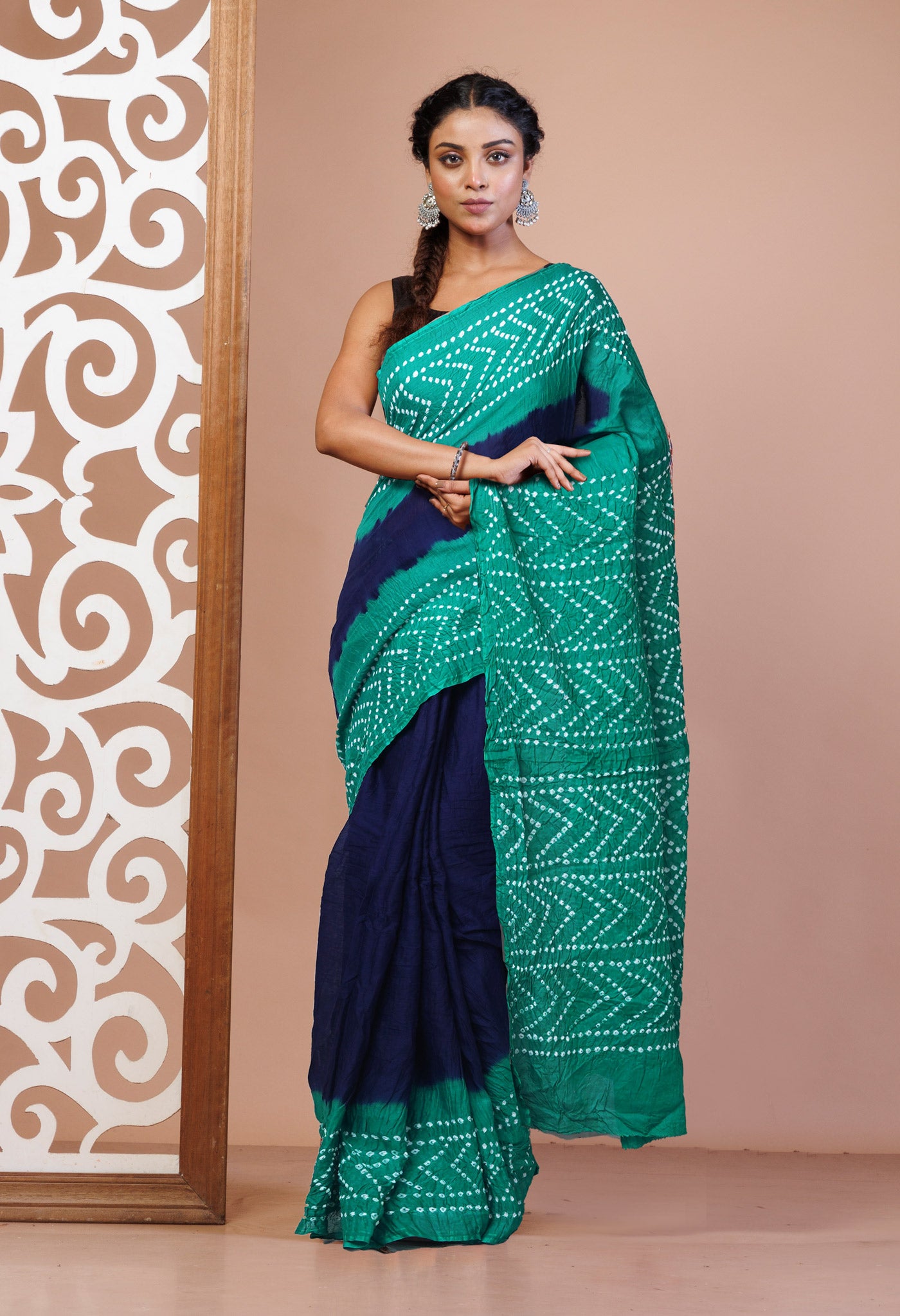 Navy Blue Pure Bandhani Mulmul Cotton Saree-UNM82617