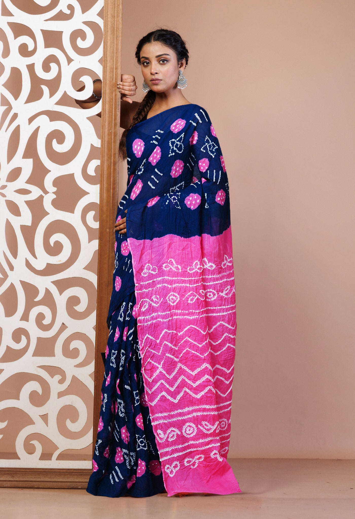 Navy Blue Pure Bandhani Mulmul Cotton Saree-UNM82618