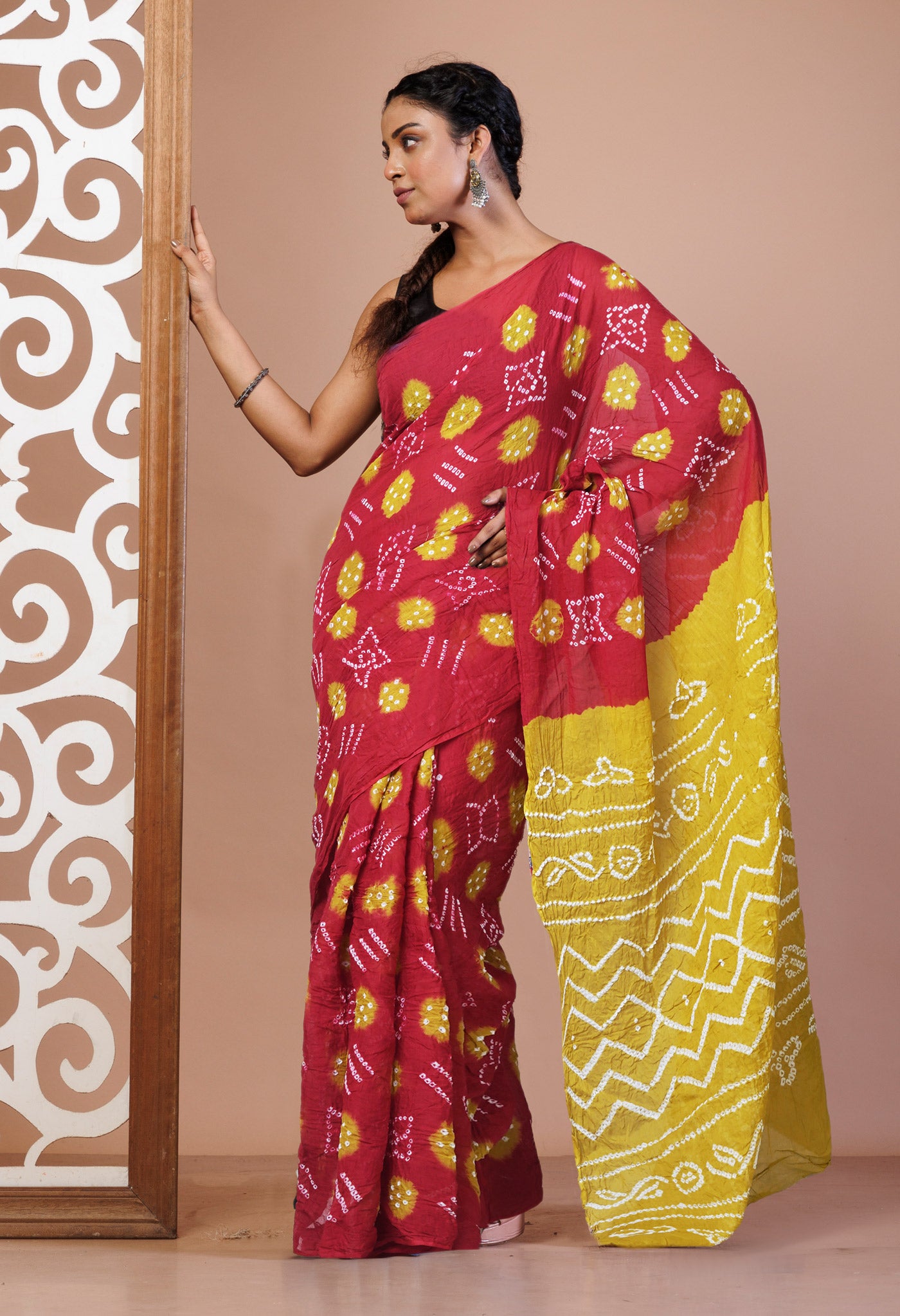 Cherry Red Pure Bandhani Mulmul Cotton Saree-UNM82624