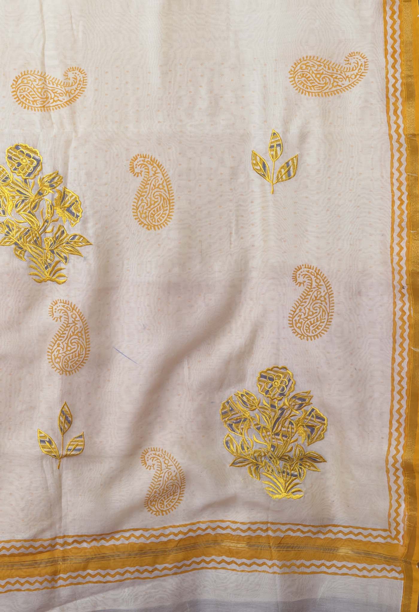 Cream Pure Block printed With Embroidery Chanderi Sico Saree-UNM82634