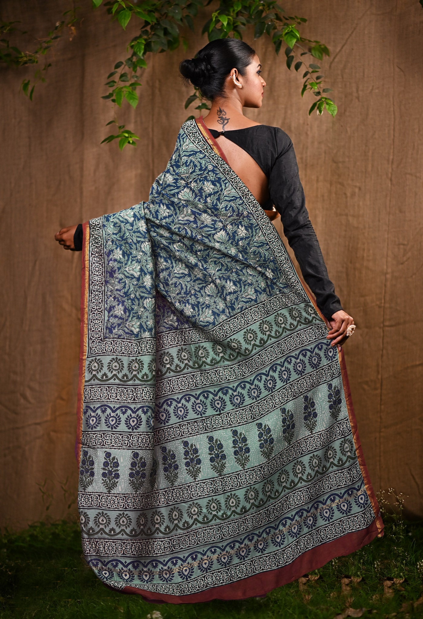 Blue Pure Bagru Block Printed Chanderi Sico Saree-UNM82635