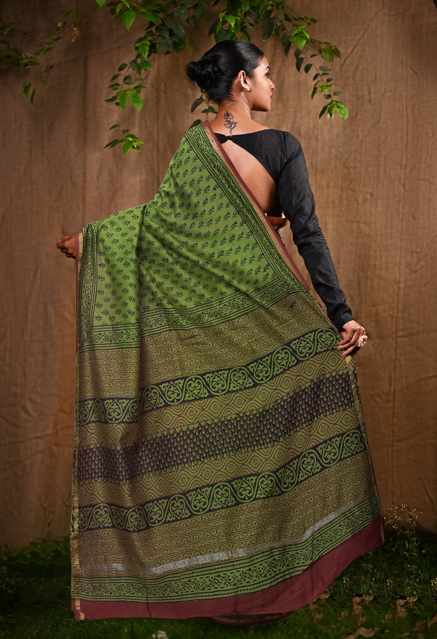 Green Pure Bagru Block Printed Chanderi Sico Saree-UNM82636
