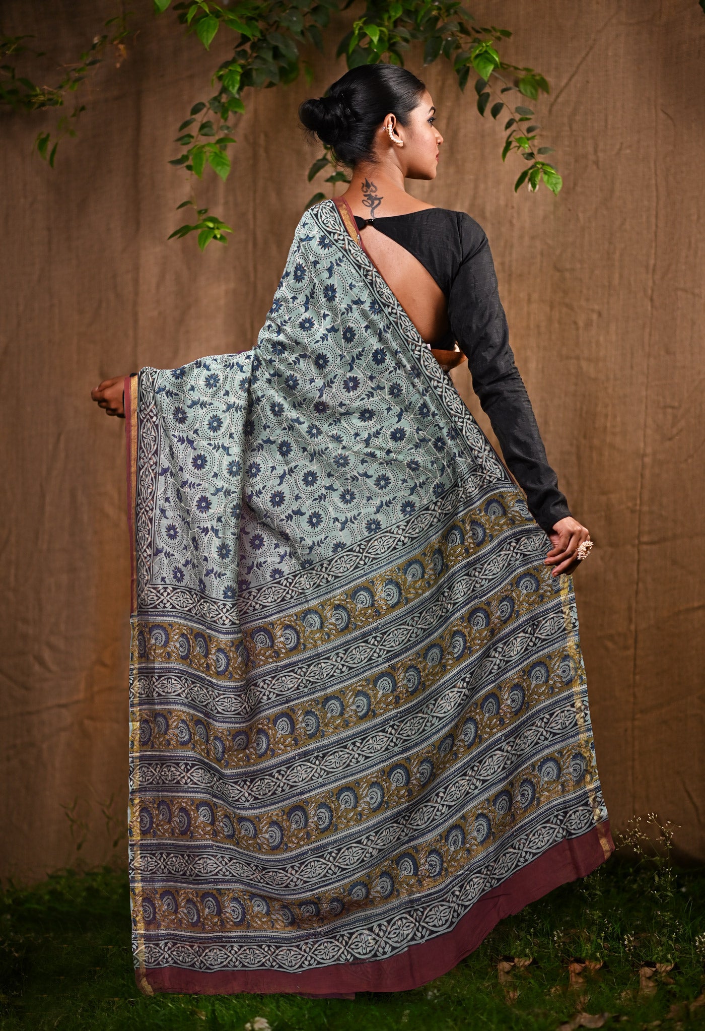 Blue Pure Bagru Block Printed Chanderi Sico Saree-UNM82639