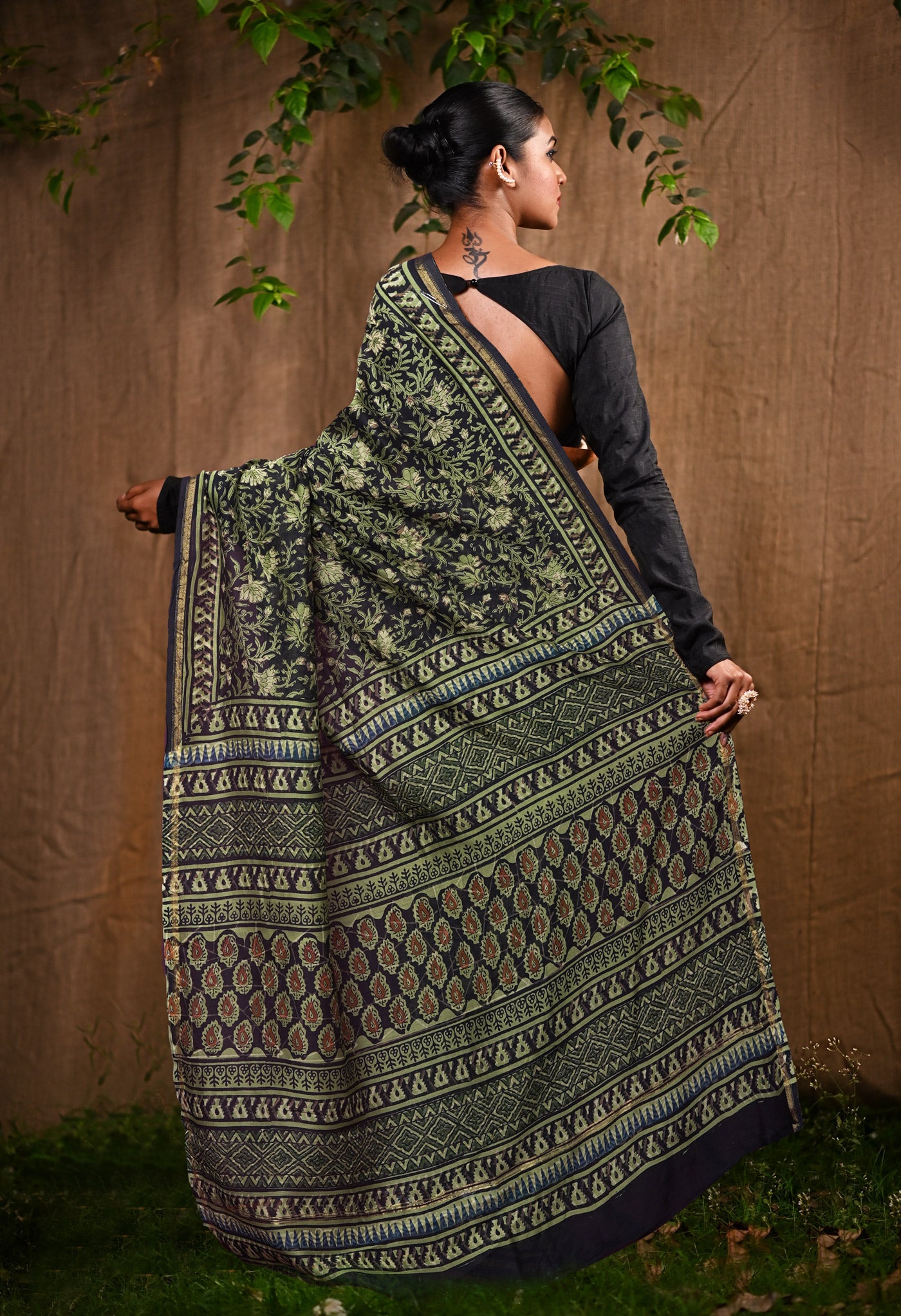 Black Pure Bagru Block Printed Chanderi Sico Saree-UNM82641
