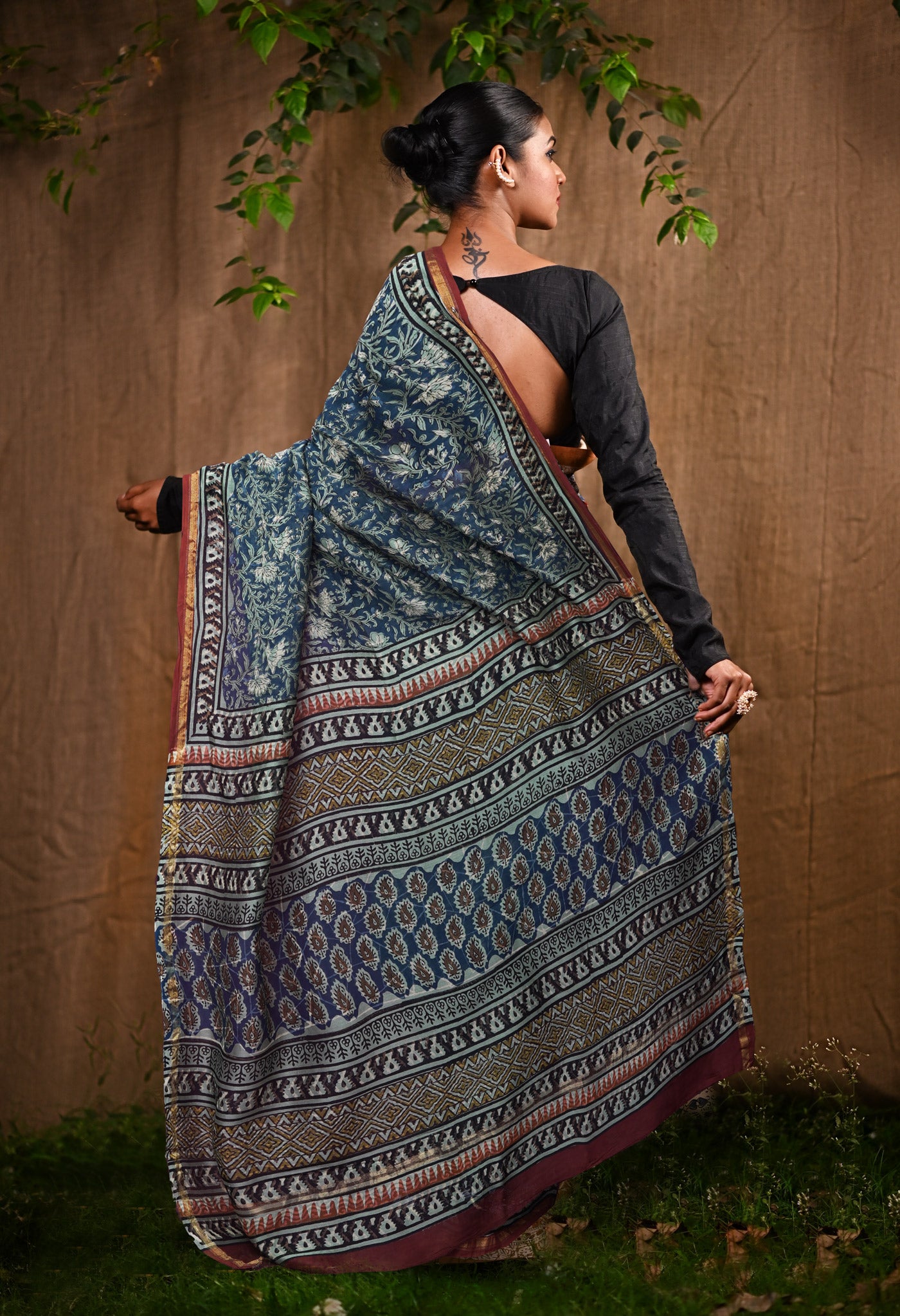 Blue Pure Bagru Block Printed Chanderi Sico Saree-UNM82642