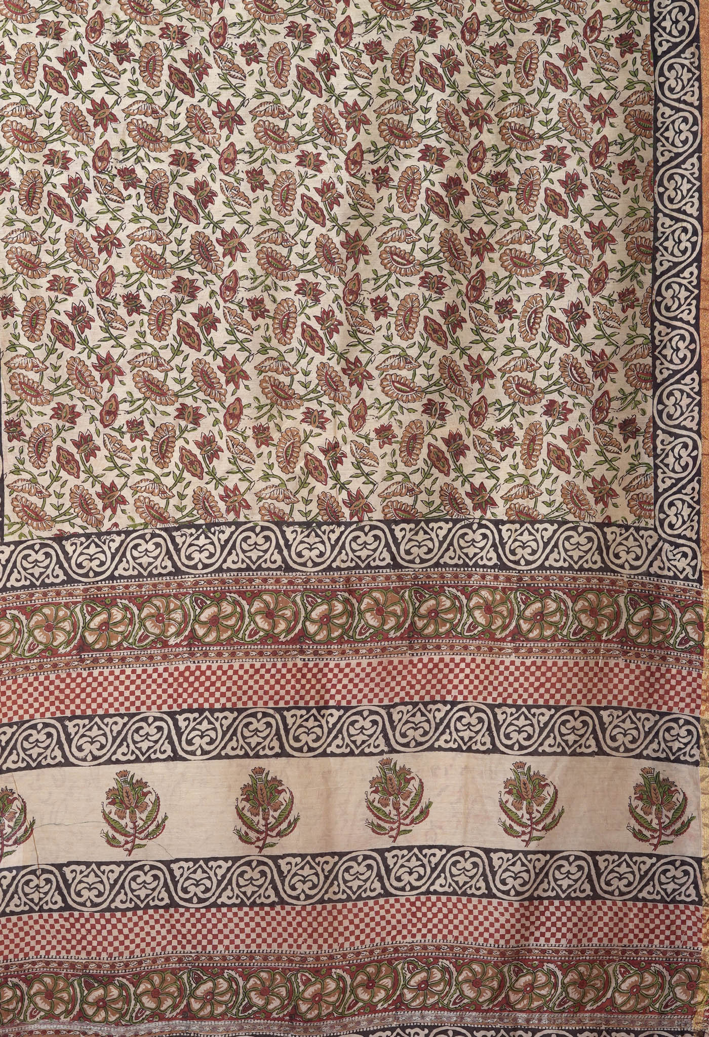Cream Pure Bagru Kalamkari Printed Chanderi Sico Saree-UNM82643