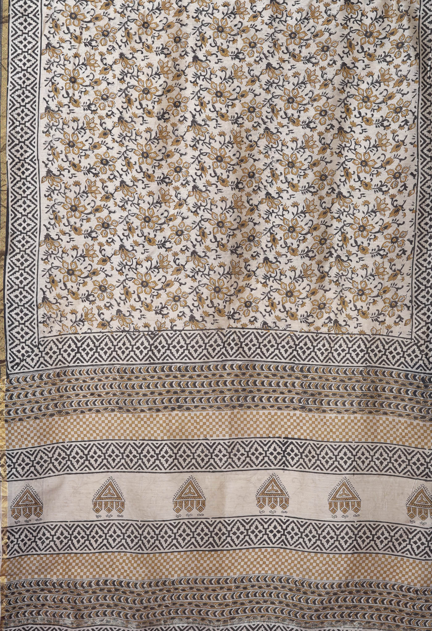Cream Pure Bagru Kalamkari Printed Chanderi Sico Saree-UNM82645