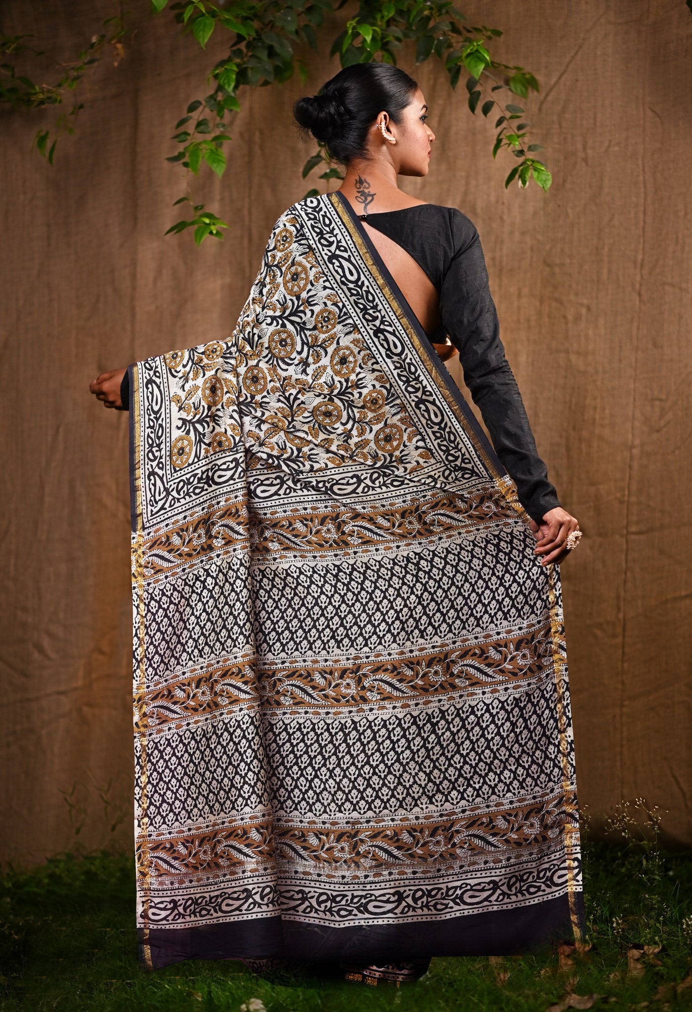 Cream Pure Bagru Kalamkari Printed Chanderi Sico Saree-UNM82647