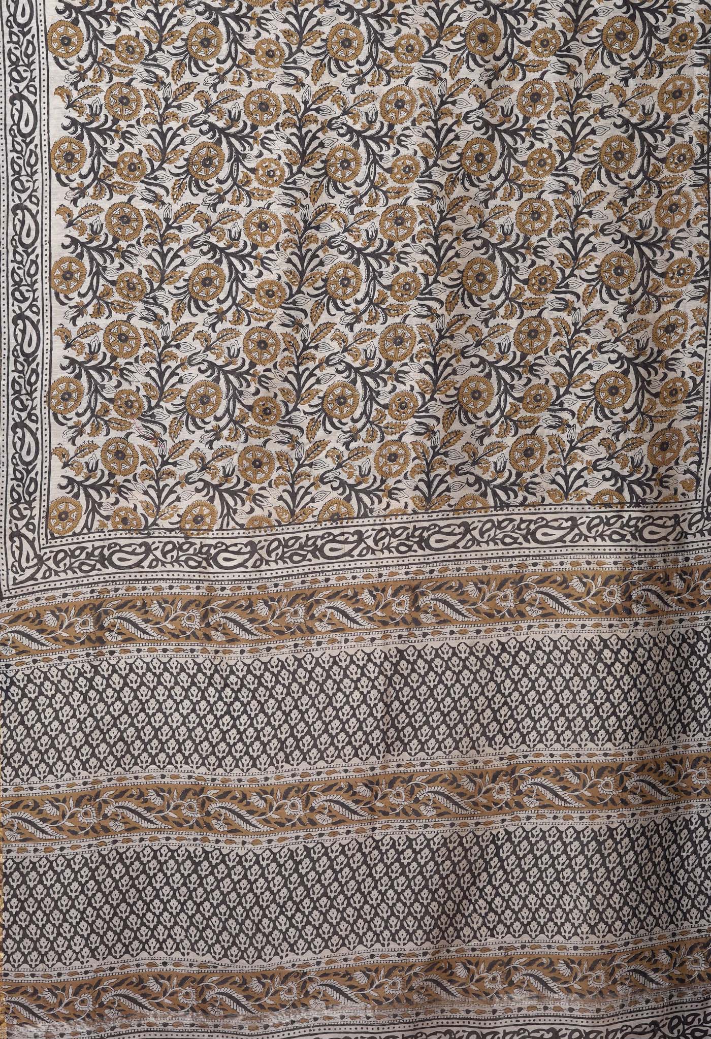 Cream Pure Bagru Kalamkari Printed Chanderi Sico Saree-UNM82647