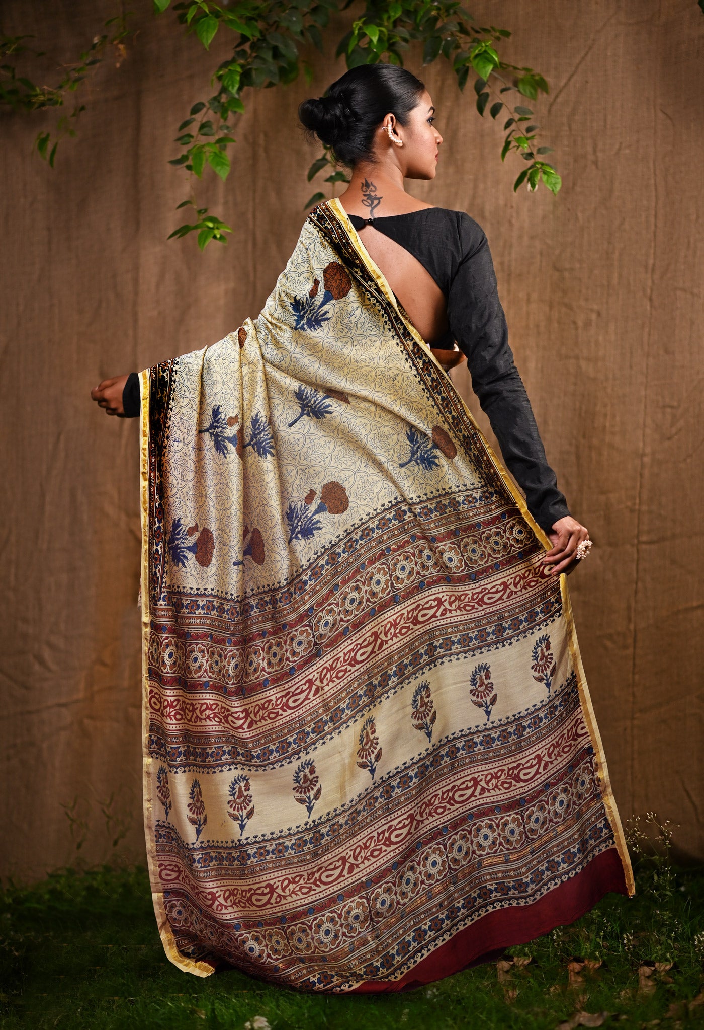 Cream Pure Bagru Kalamkari Printed Chanderi Sico Saree-UNM82648