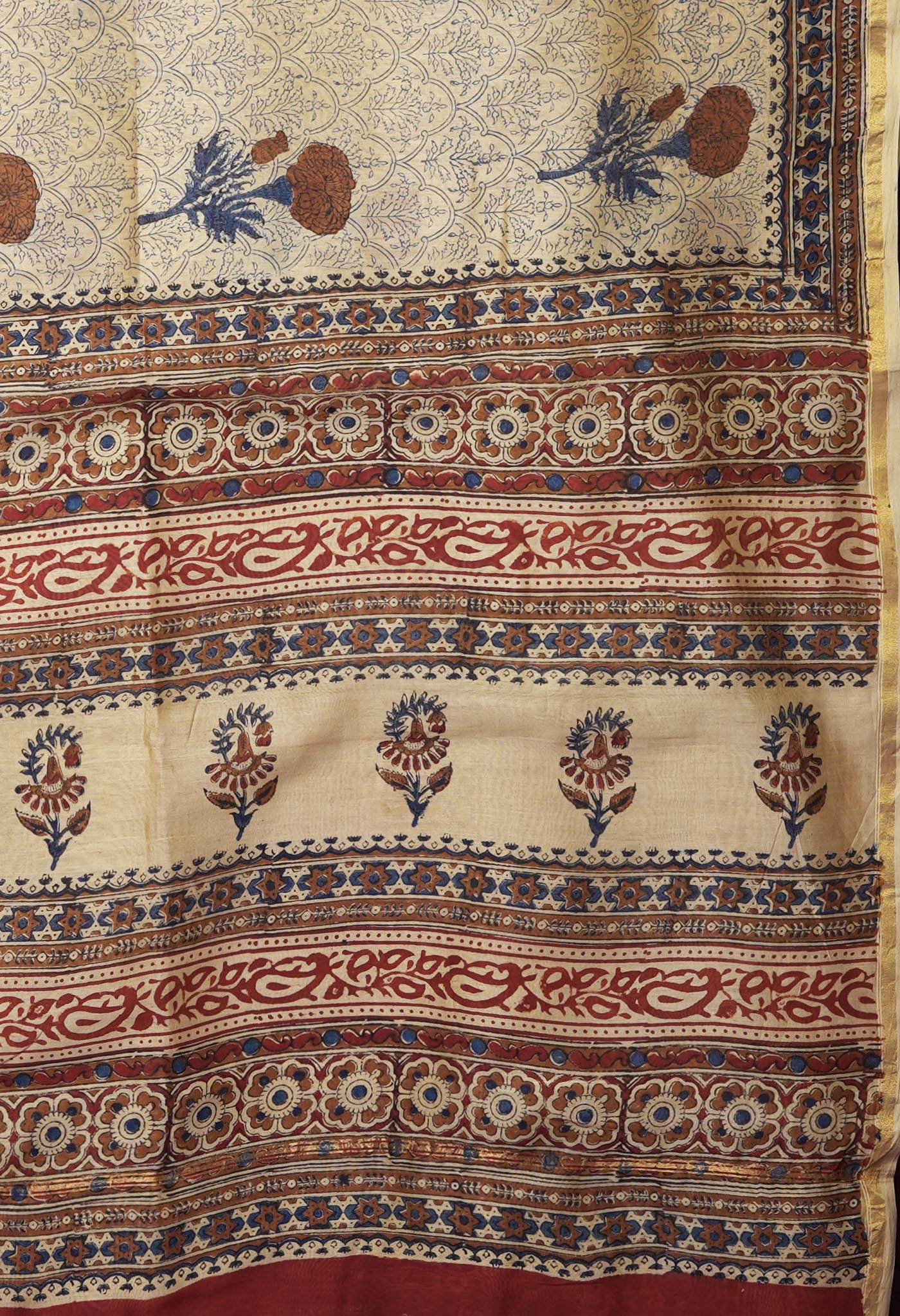 Cream Pure Bagru Kalamkari Printed Chanderi Sico Saree-UNM82648