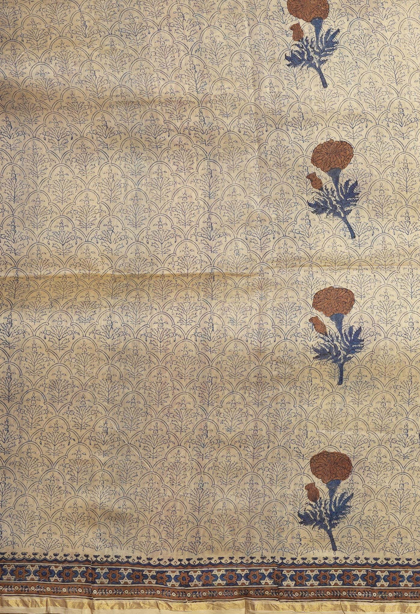 Cream Pure Bagru Kalamkari Printed Chanderi Sico Saree-UNM82648