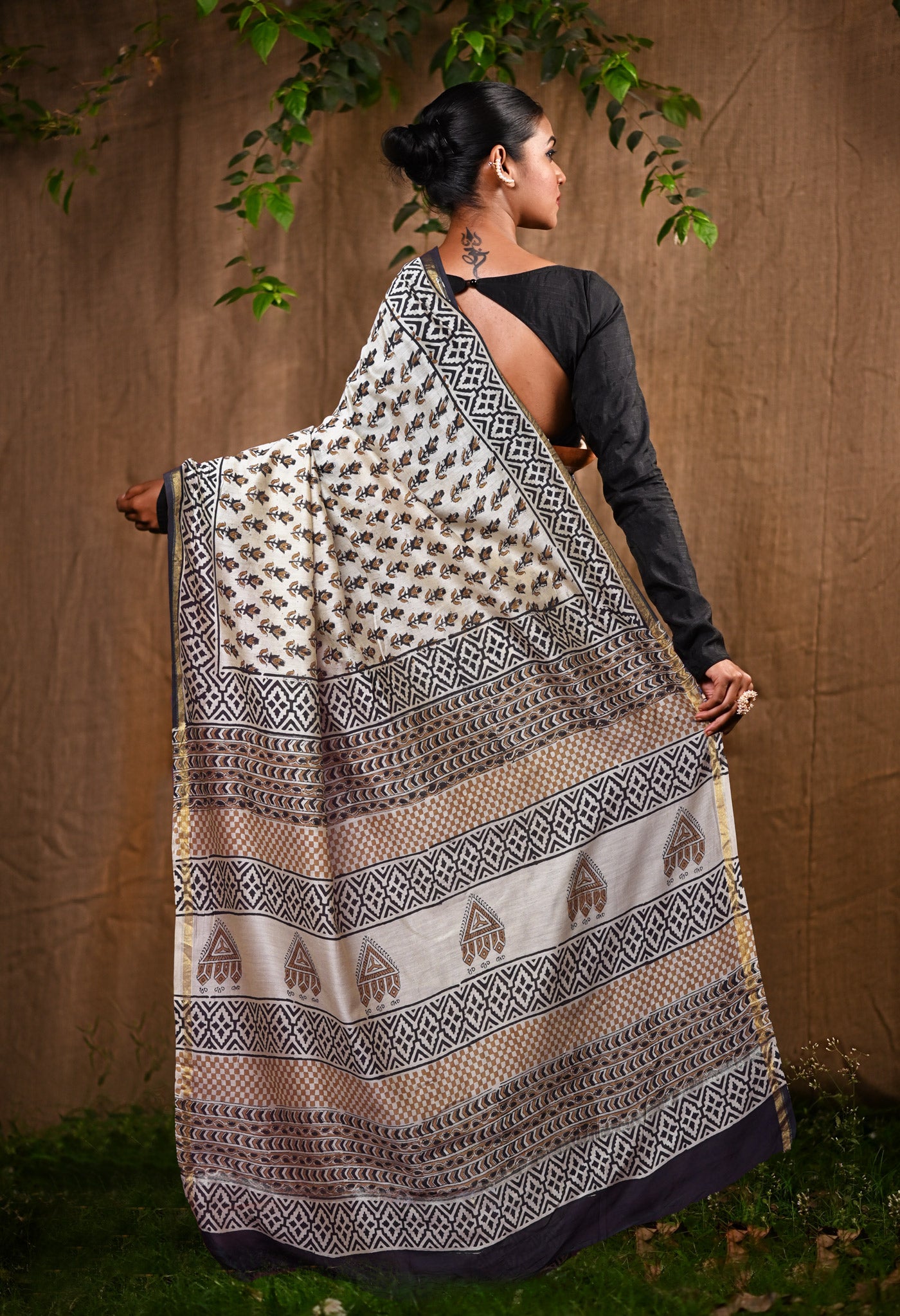 Cream Pure Bagru Kalamkari Printed Chanderi Sico Saree-UNM82650