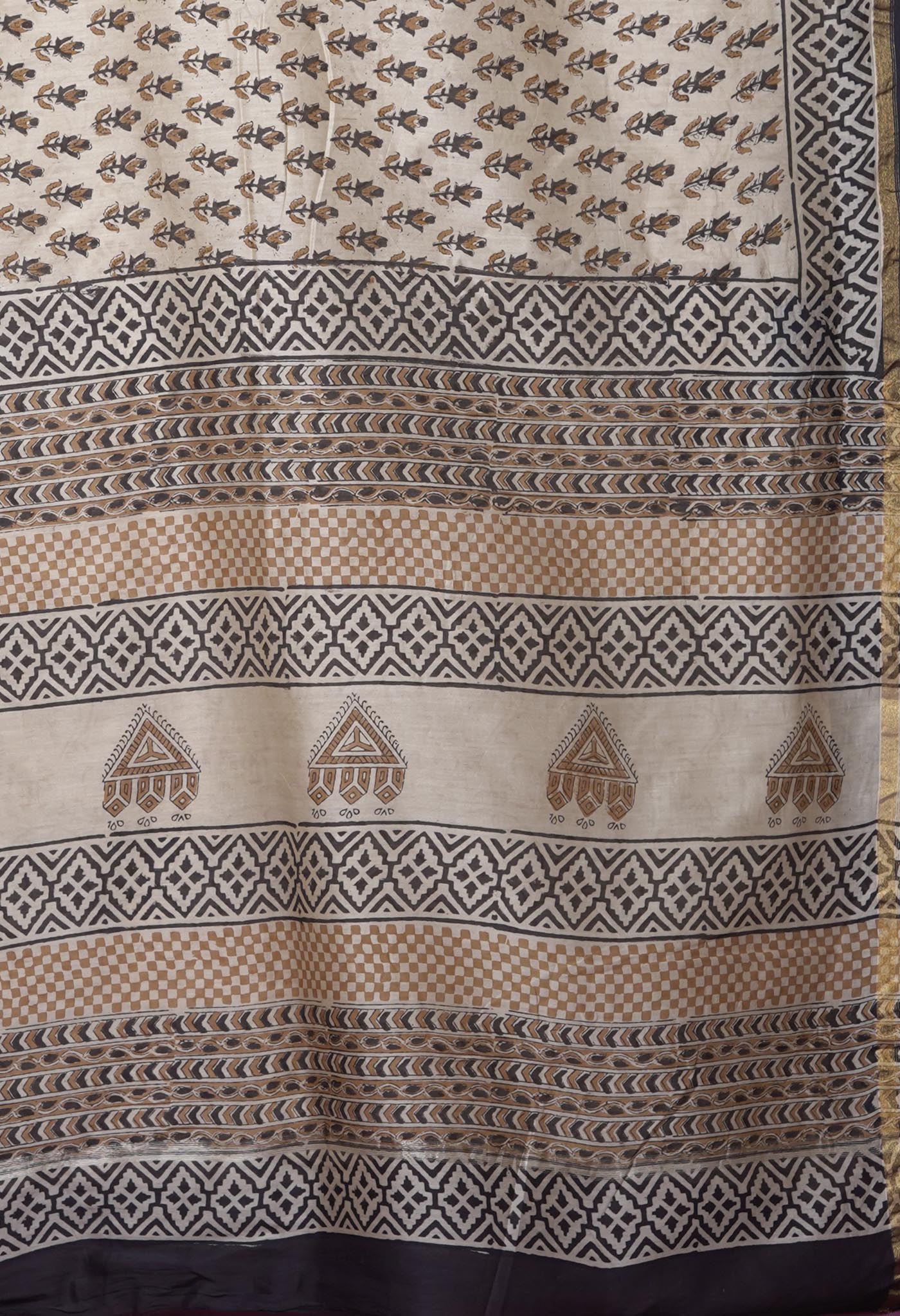 Cream Pure Bagru Kalamkari Printed Chanderi Sico Saree-UNM82650
