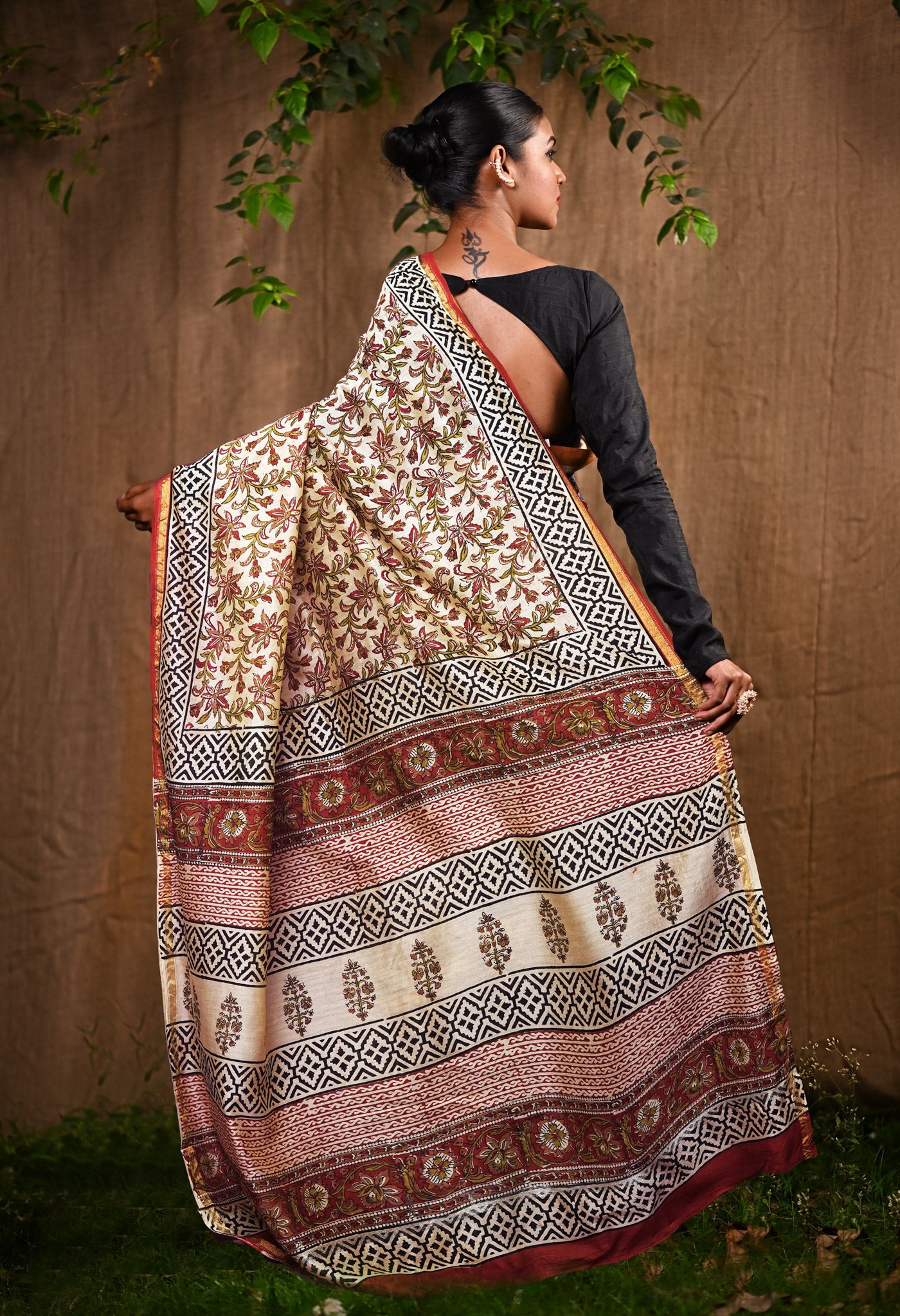 Cream Pure Bagru Kalamkari Printed Chanderi Sico Saree-UNM82651