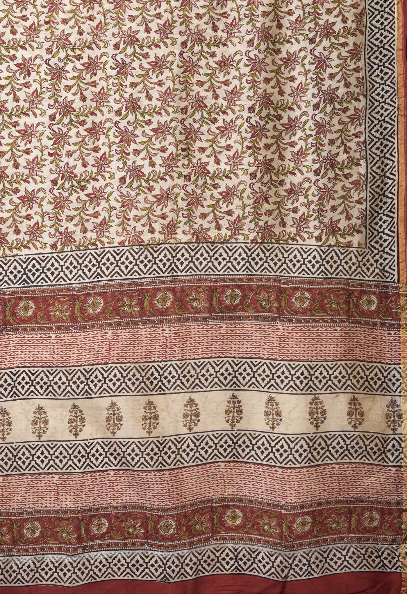 Cream Pure Bagru Kalamkari Printed Chanderi Sico Saree-UNM82651