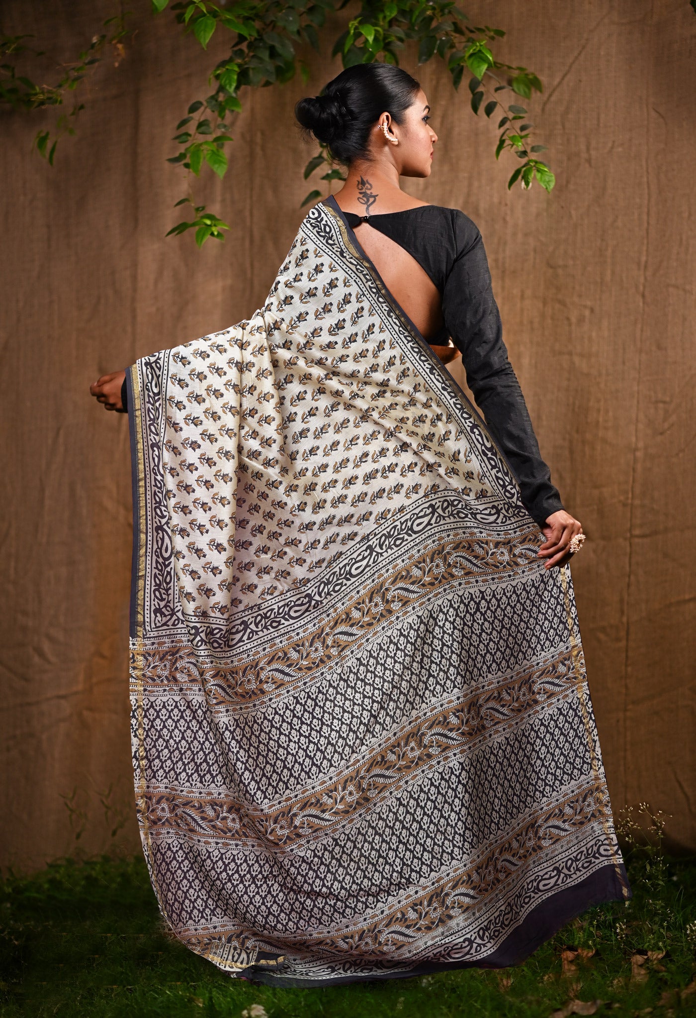 Cream Pure Bagru Kalamkari Printed Chanderi Sico Saree-UNM82652