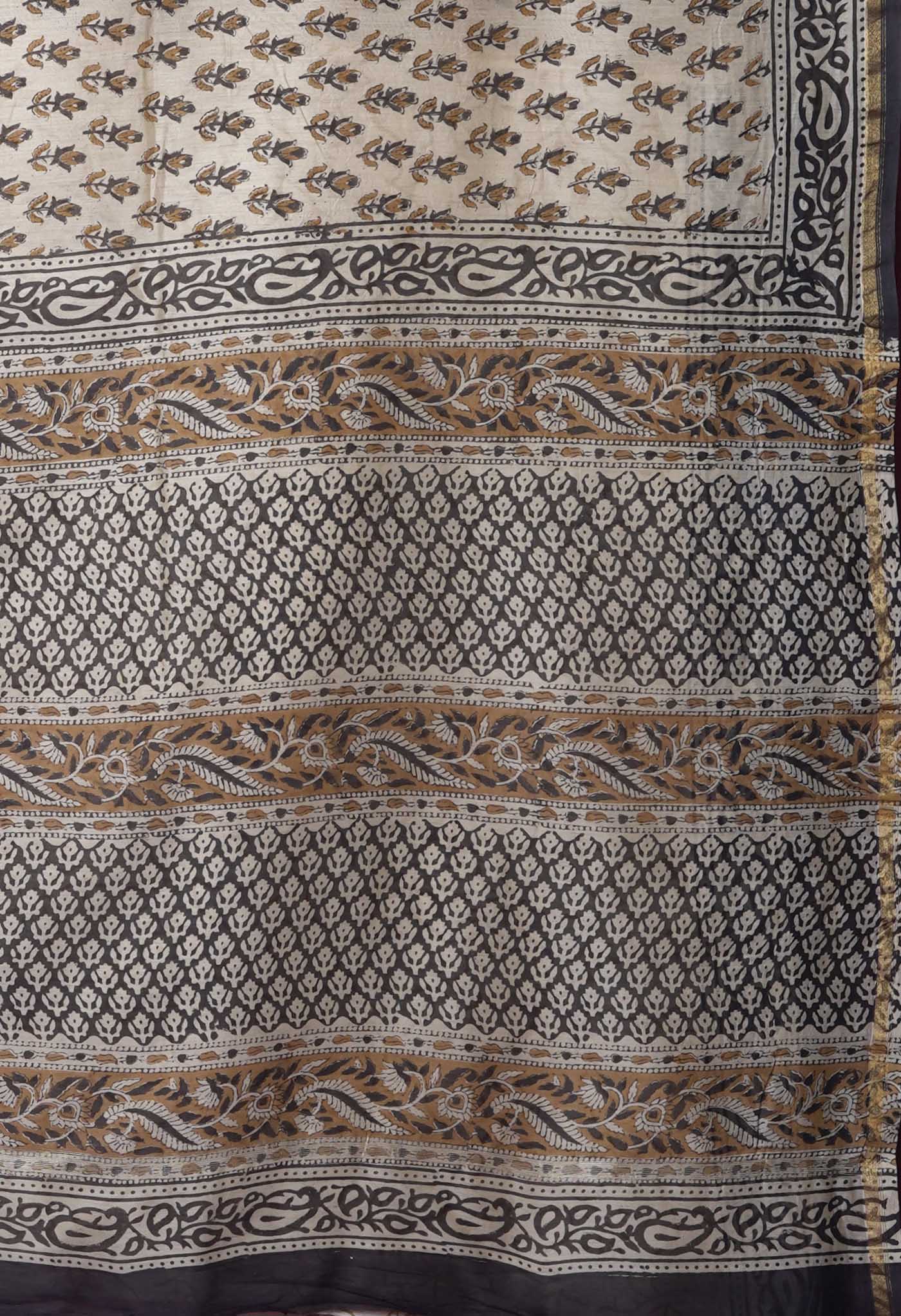 Cream Pure Bagru Kalamkari Printed Chanderi Sico Saree-UNM82652