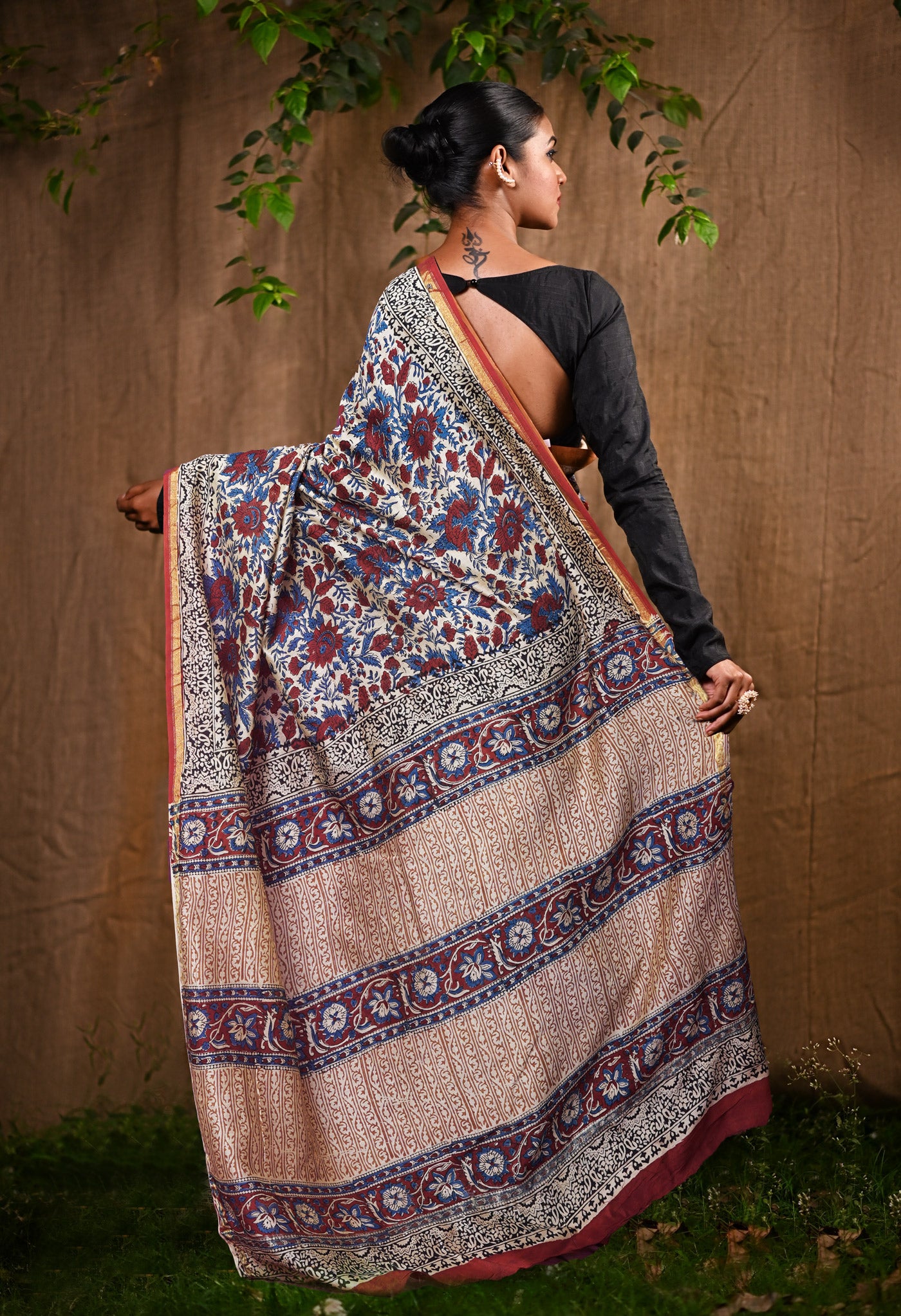 Cream Pure Bagru Kalamkari Printed Chanderi Sico Saree-UNM82653