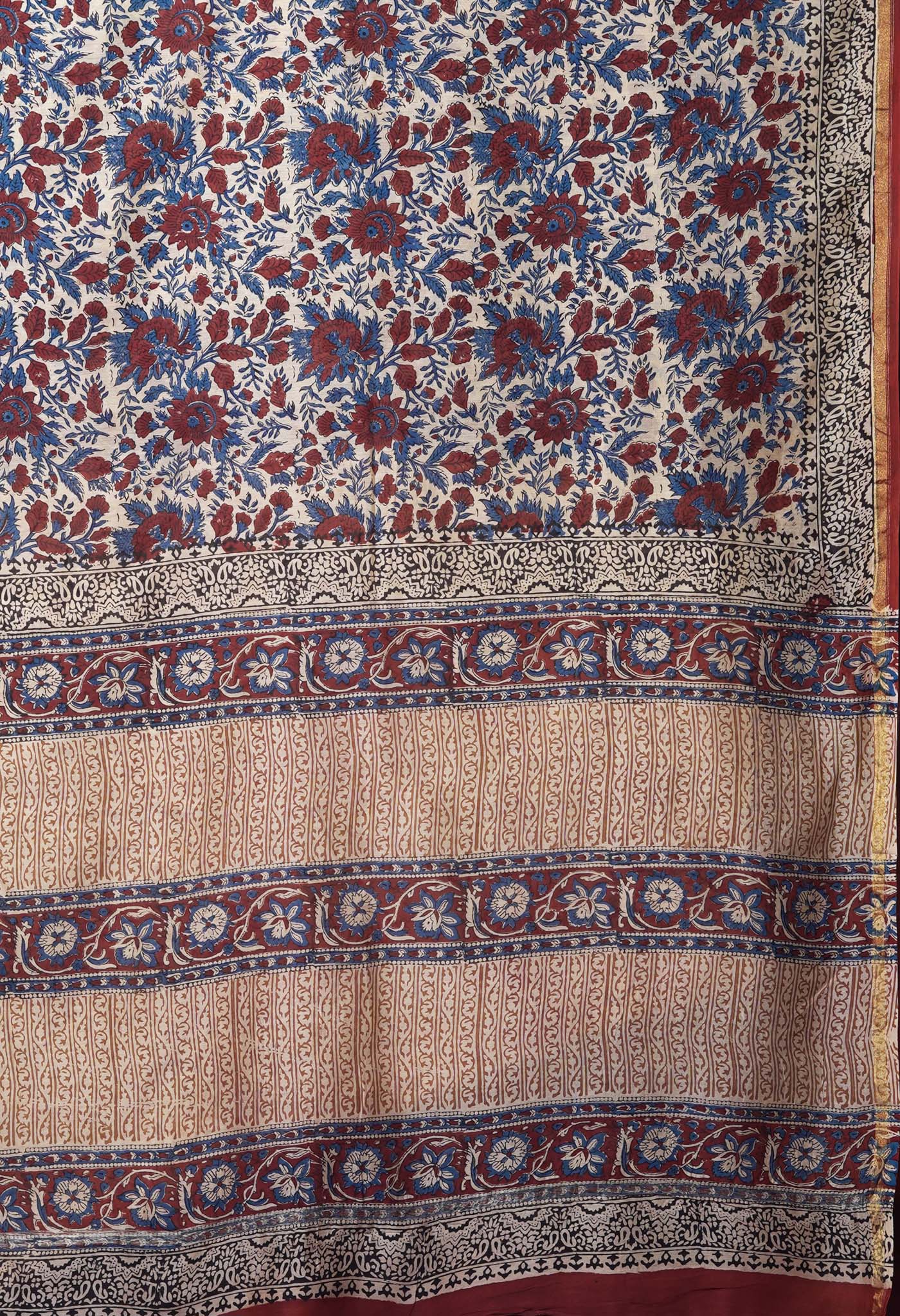 Cream Pure Bagru Kalamkari Printed Chanderi Sico Saree-UNM82653