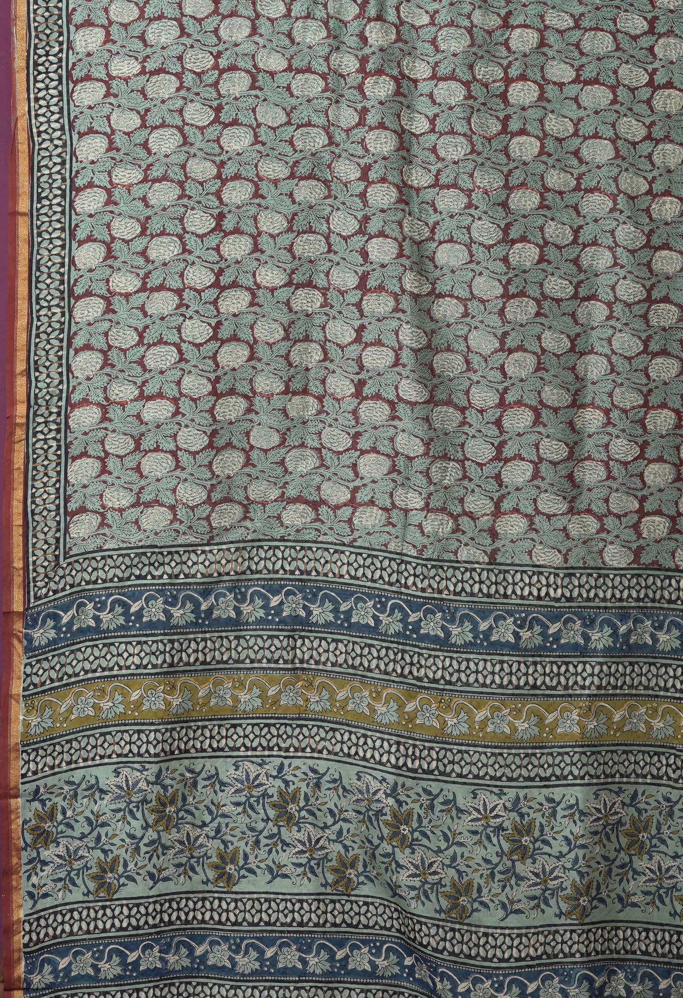 Red-Blue Pure Bagru Kalamkari Printed Chanderi Sico Saree-UNM82654