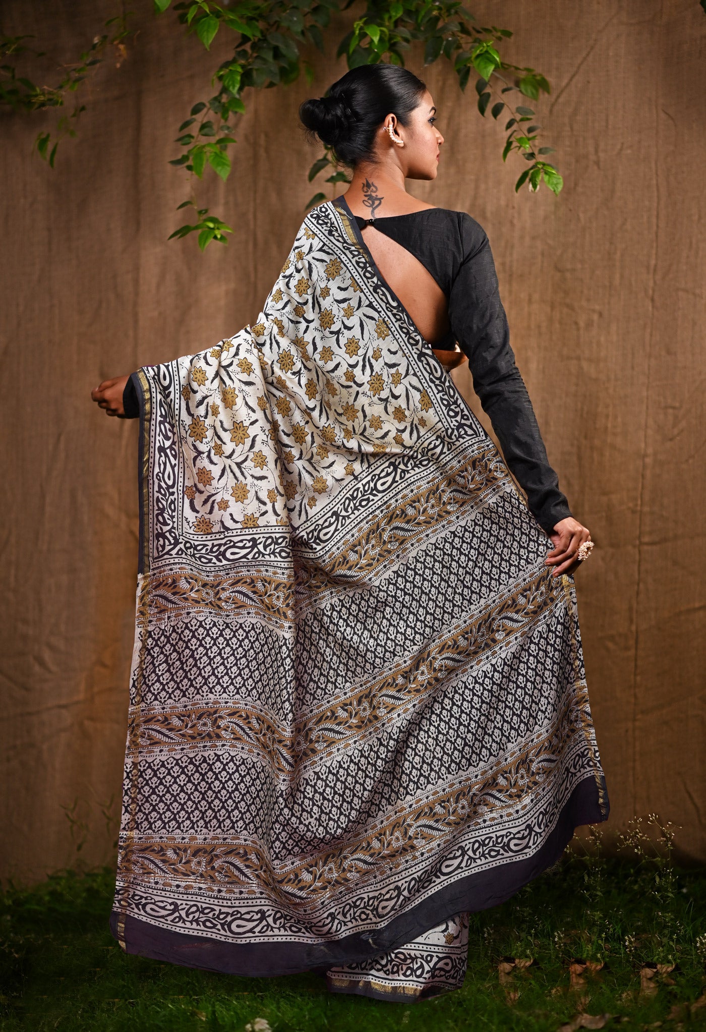 Cream Pure Bagru Kalamkari Printed Chanderi Sico Saree-UNM82655