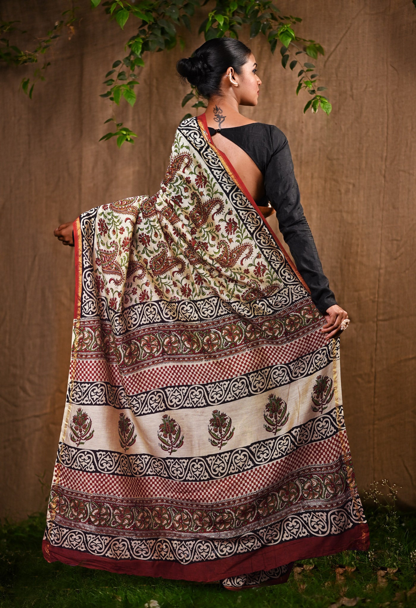 Cream Pure Bagru Kalamkari Printed Chanderi Sico Saree-UNM82656