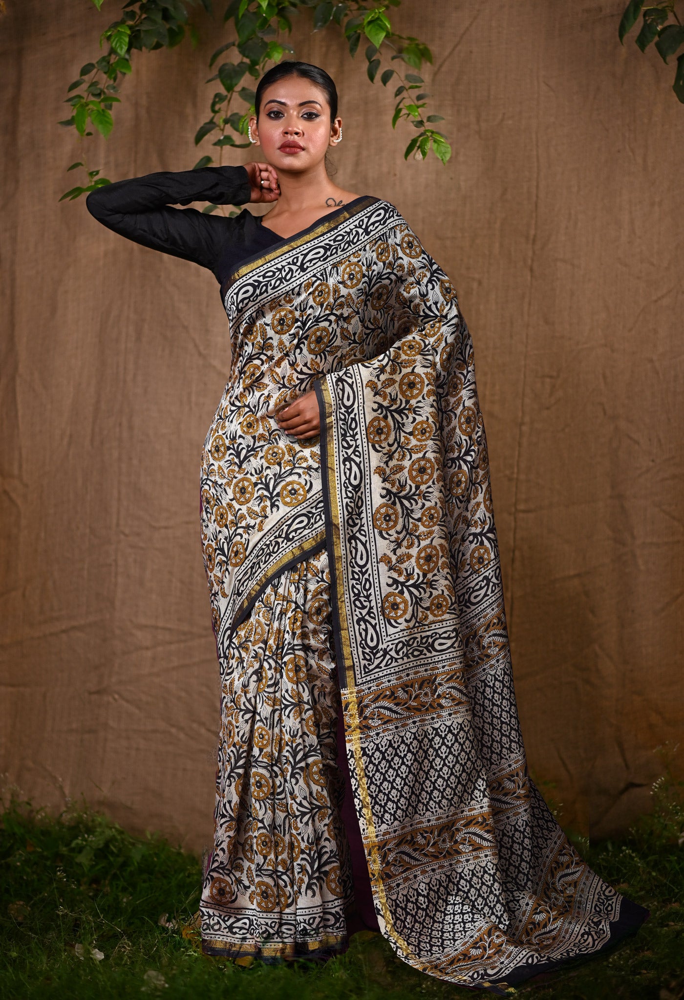 Cream Pure Bagru Kalamkari Printed Chanderi Sico Saree-UNM82657