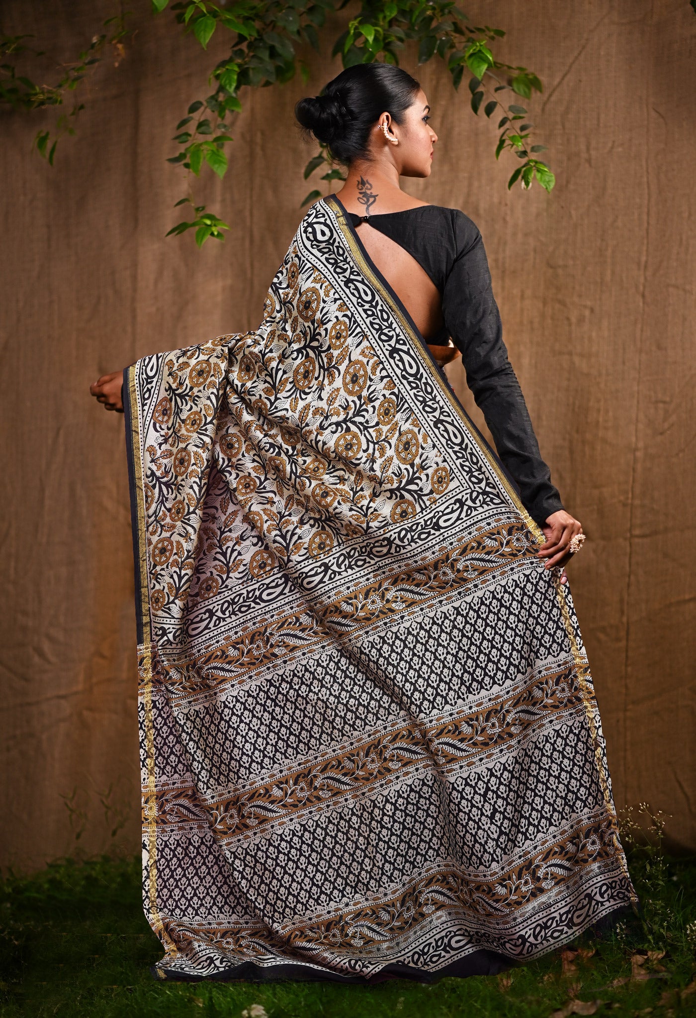 Cream Pure Bagru Kalamkari Printed Chanderi Sico Saree-UNM82657