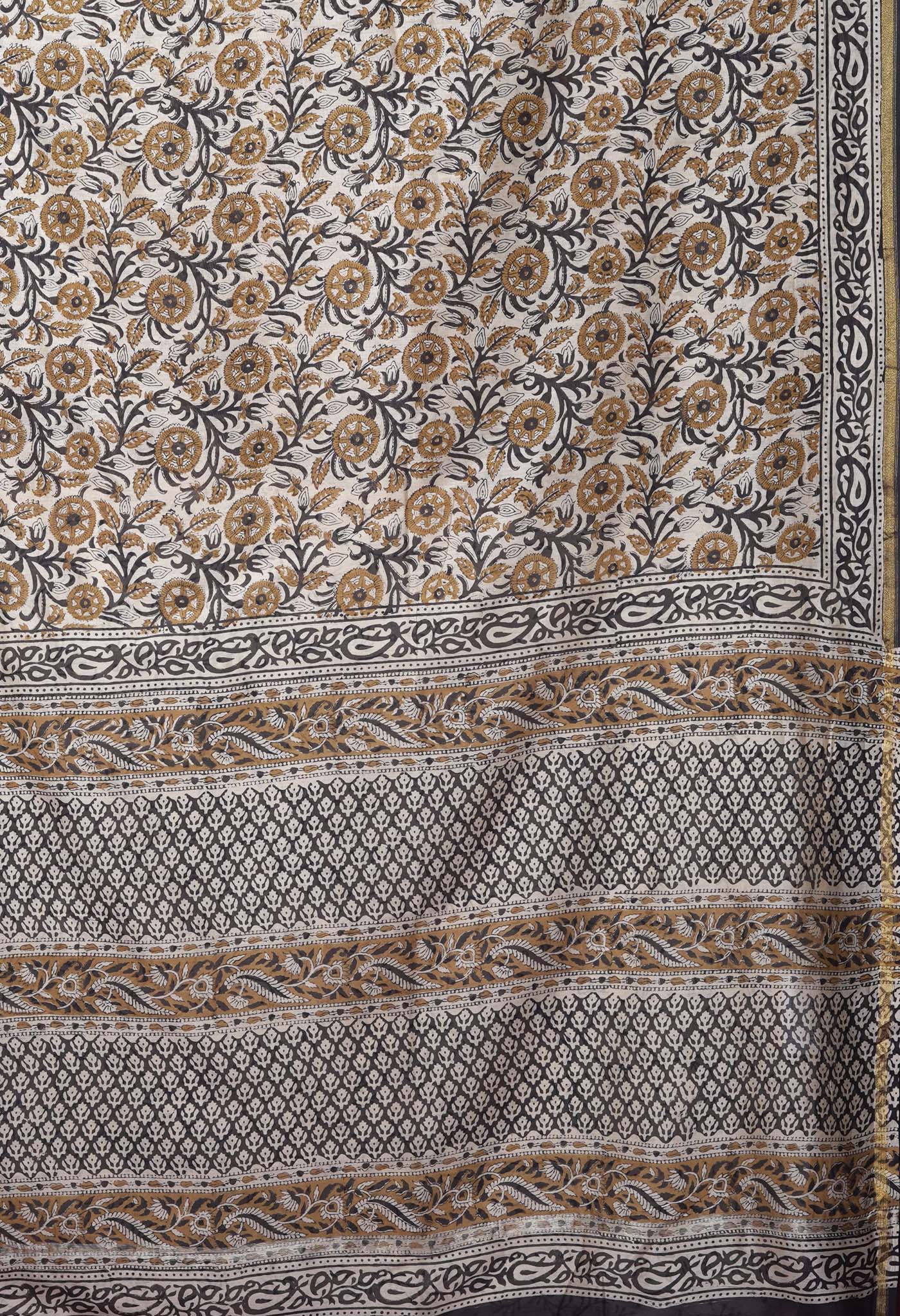 Cream Pure Bagru Kalamkari Printed Chanderi Sico Saree-UNM82657