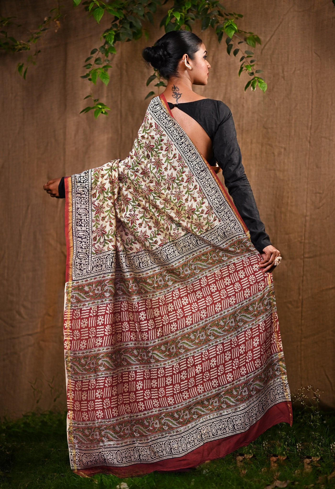 Cream Pure Bagru Kalamkari Printed Chanderi Sico Saree-UNM82658