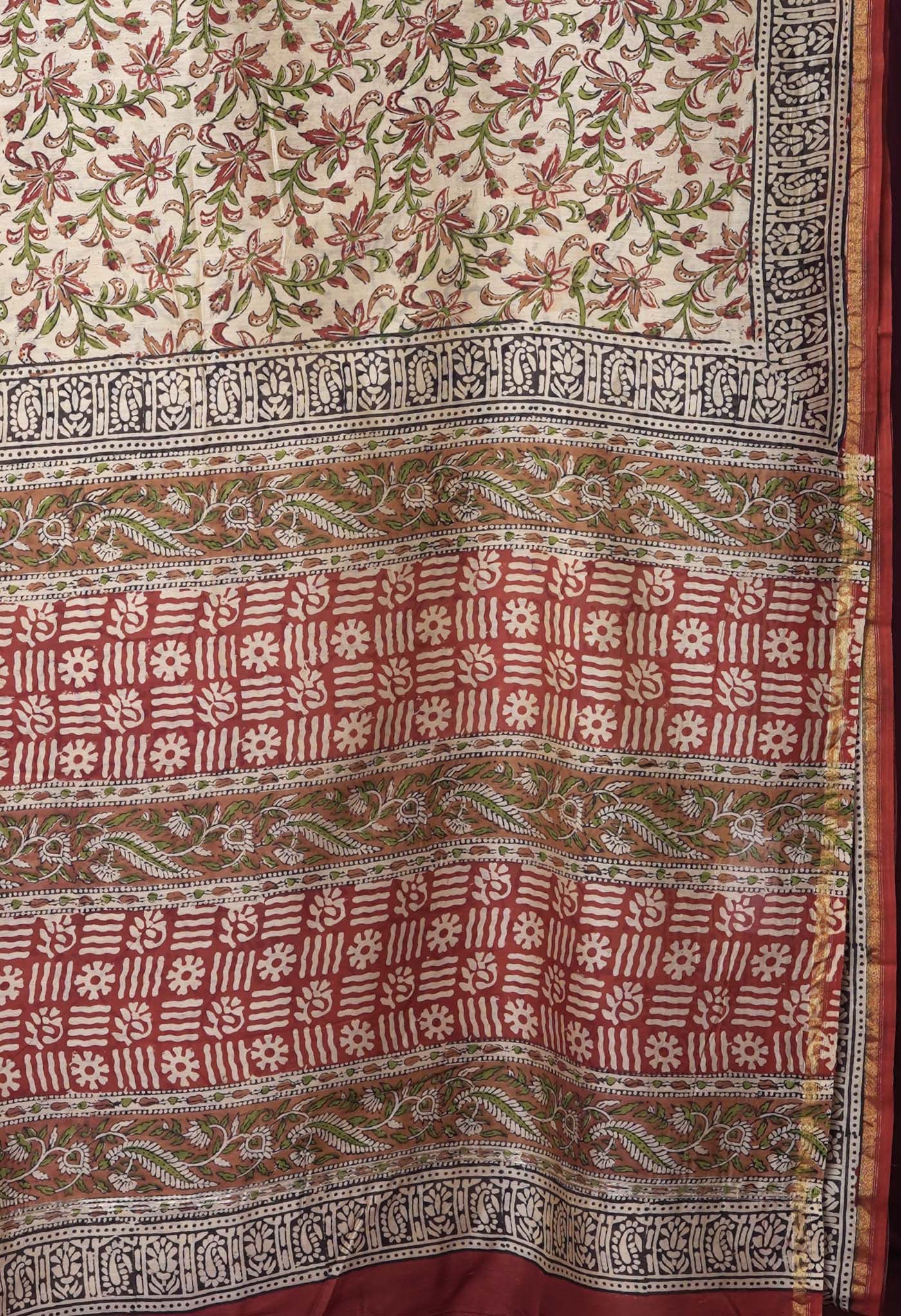 Cream Pure Bagru Kalamkari Printed Chanderi Sico Saree-UNM82658