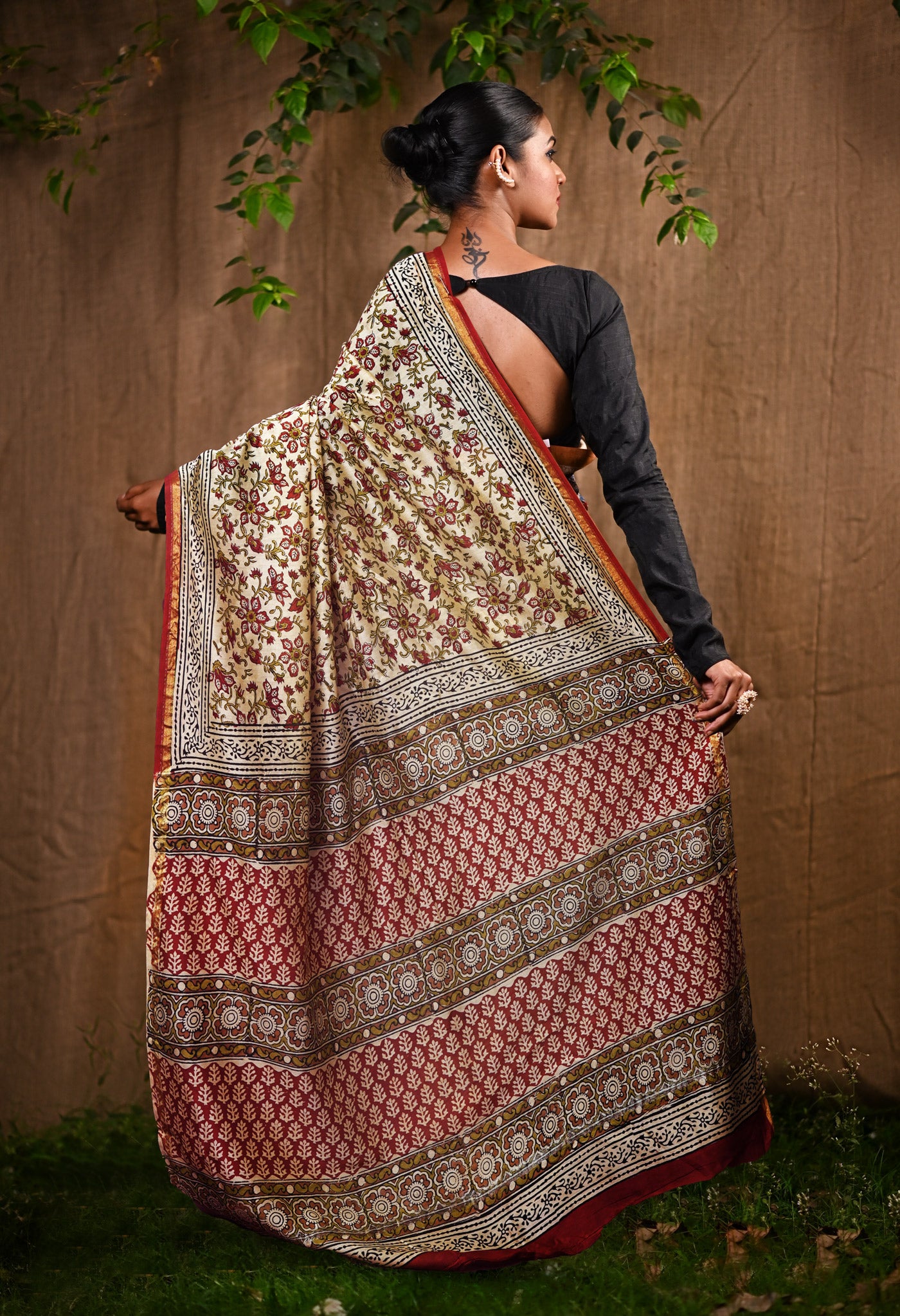 Cream Pure Bagru Kalamkari Printed Chanderi Sico Saree-UNM82660