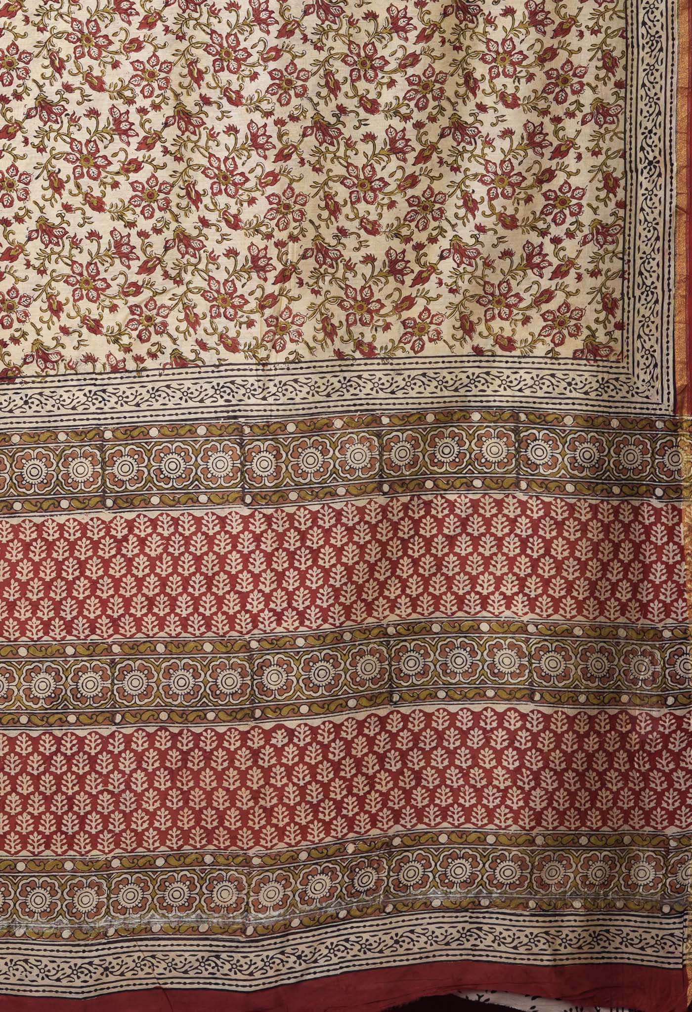 Cream Pure Bagru Kalamkari Printed Chanderi Sico Saree-UNM82660