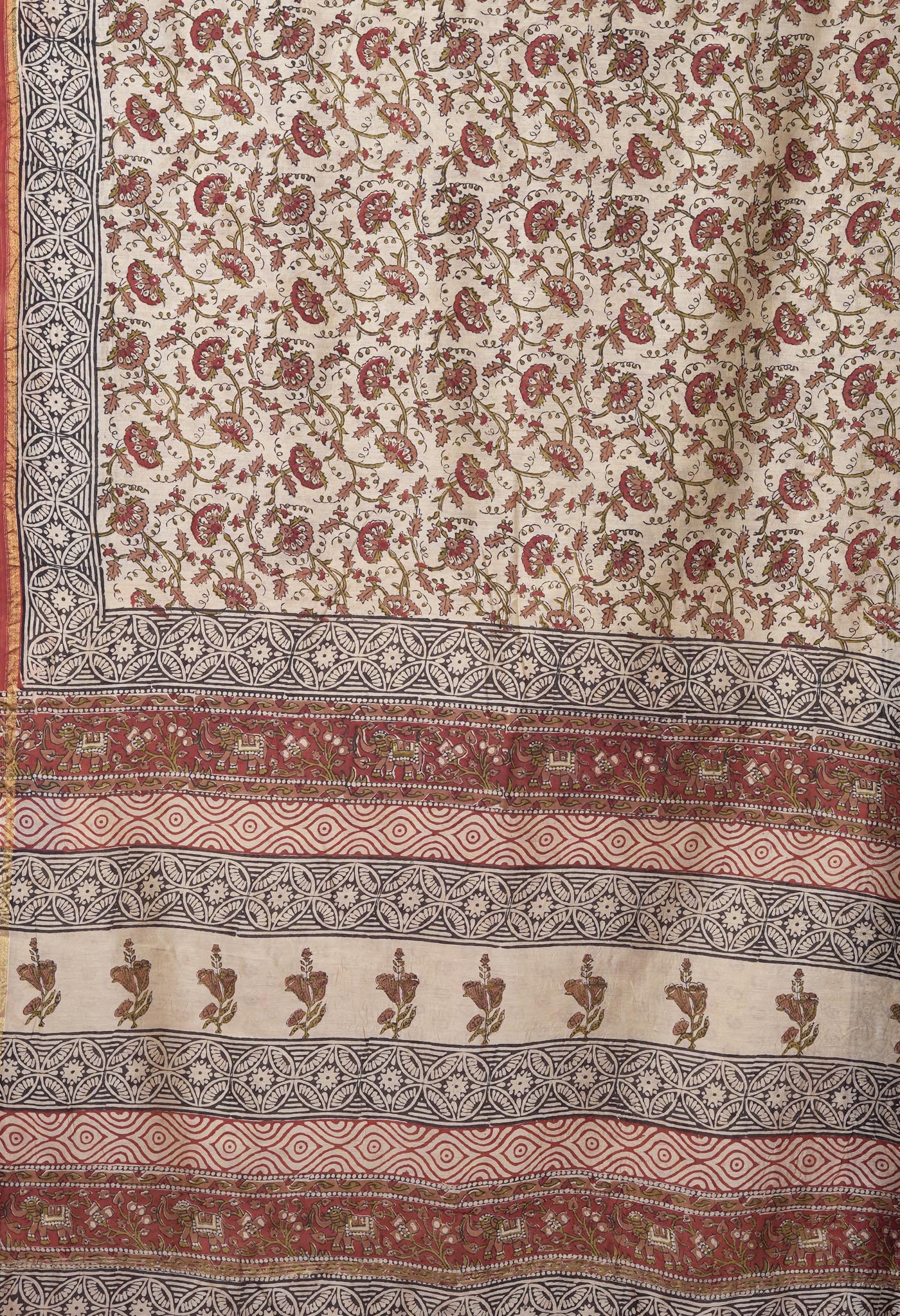 Cream Pure Bagru Kalamkari Printed Chanderi Sico Saree-UNM82661