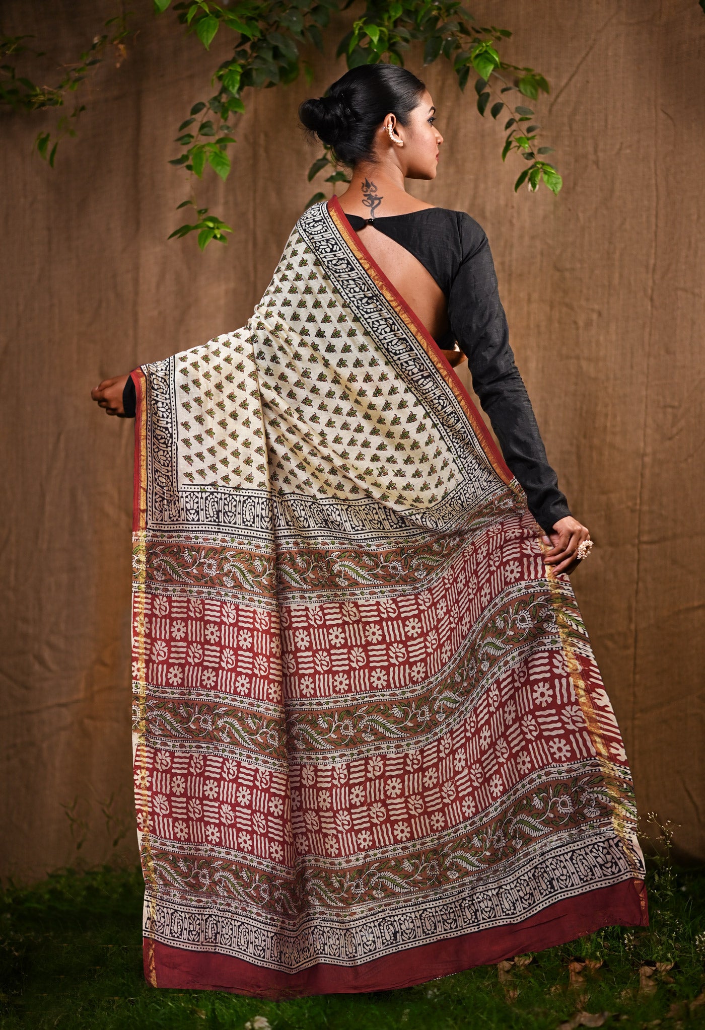 Cream Pure Bagru Kalamkari Printed Chanderi Sico Saree-UNM82662