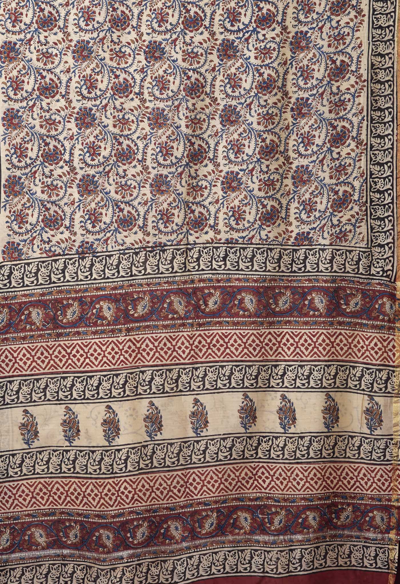 Cream Pure Bagru Kalamkari Printed Chanderi Sico Saree-UNM82667